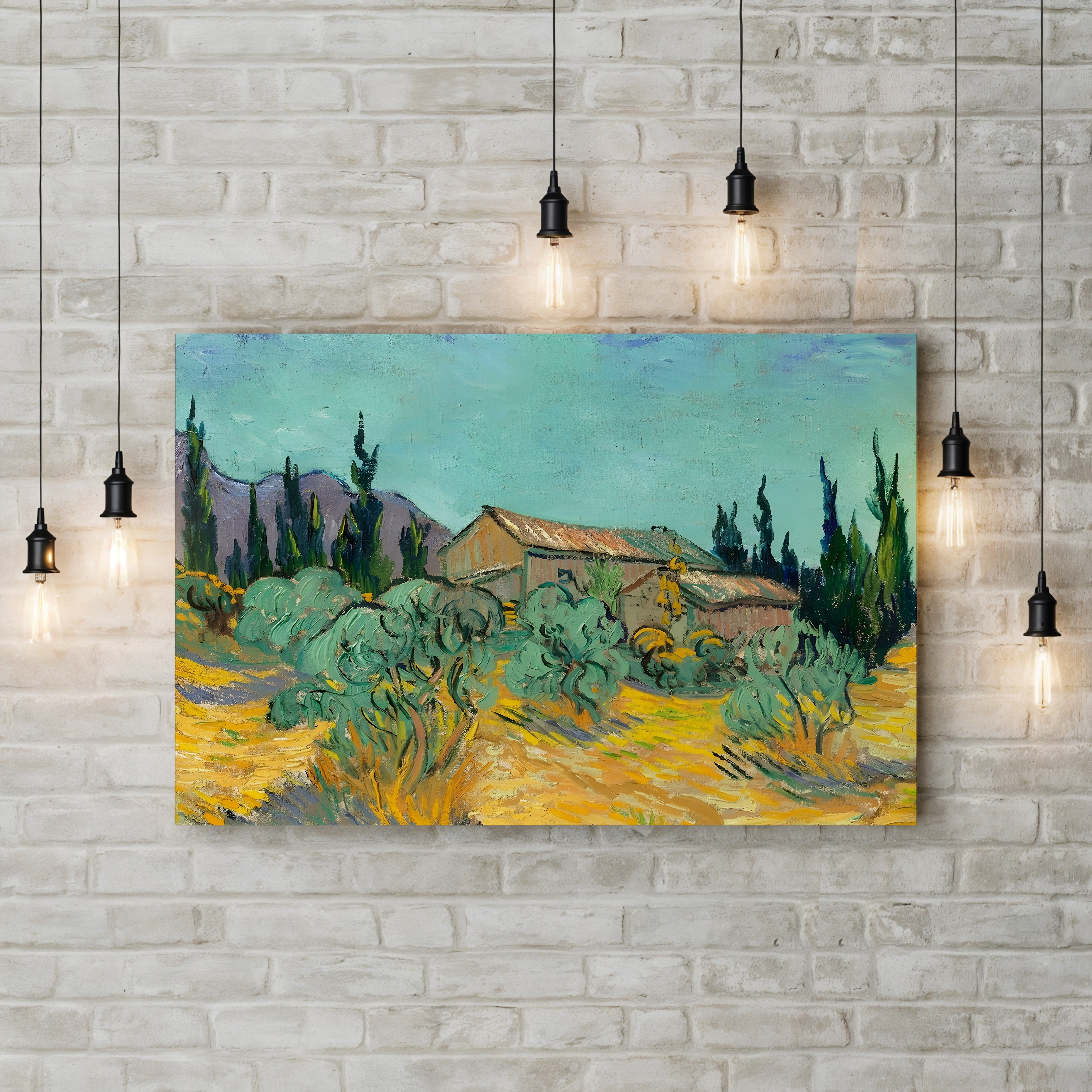 Cottages Among Olive and Cypress Trees, 1889 – Vincent van Gogh Wall Art | Post-Impressionist Landscape Canvas Print