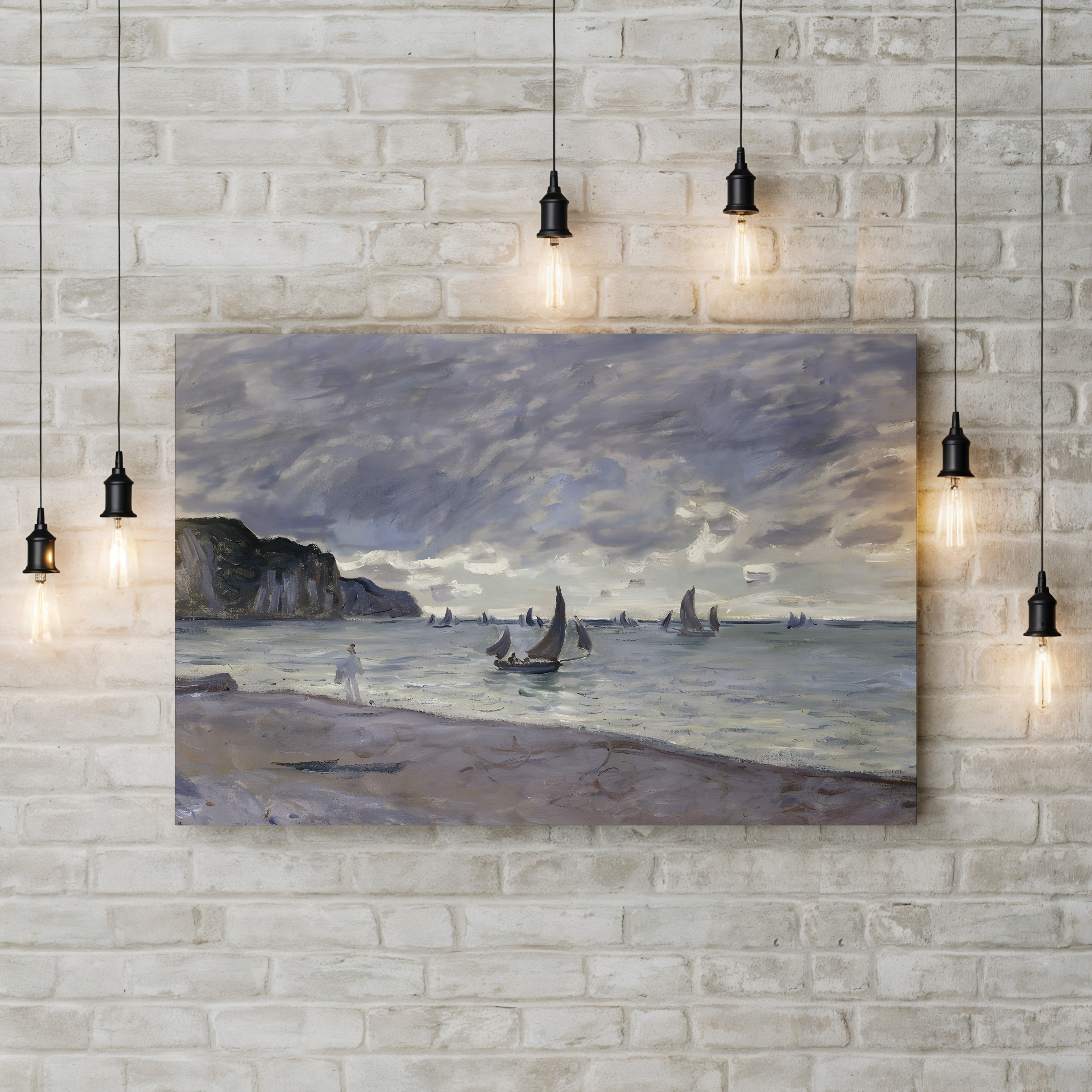 Fishing Boats in Front of the Beach and Cliffs of Pourville, 1882 – Claude Monet Wall Art | Impressionist Seascape Print