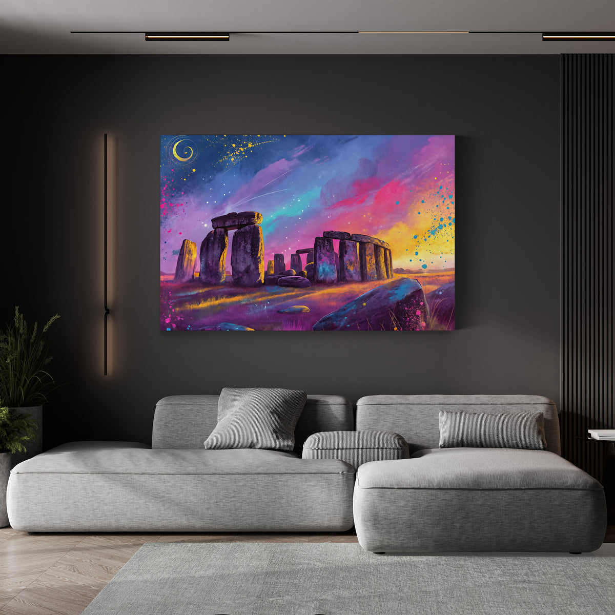 Stonehenge, Wiltshire, England canvas print displayed in a living room with a gray sofa
