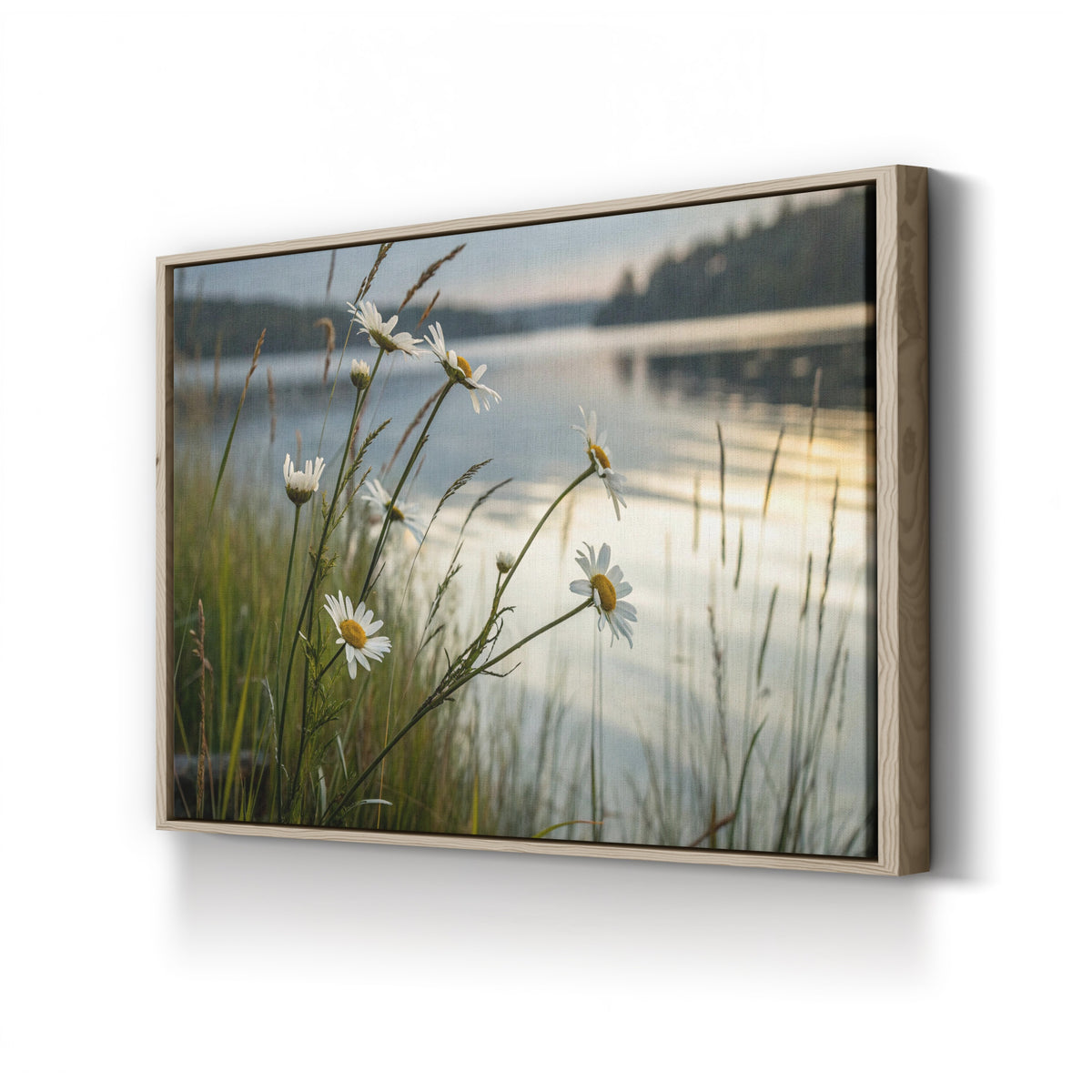 Wildflowers Along a Calm Lake Shore at Dusk canvas print in Oak Framed Canvas