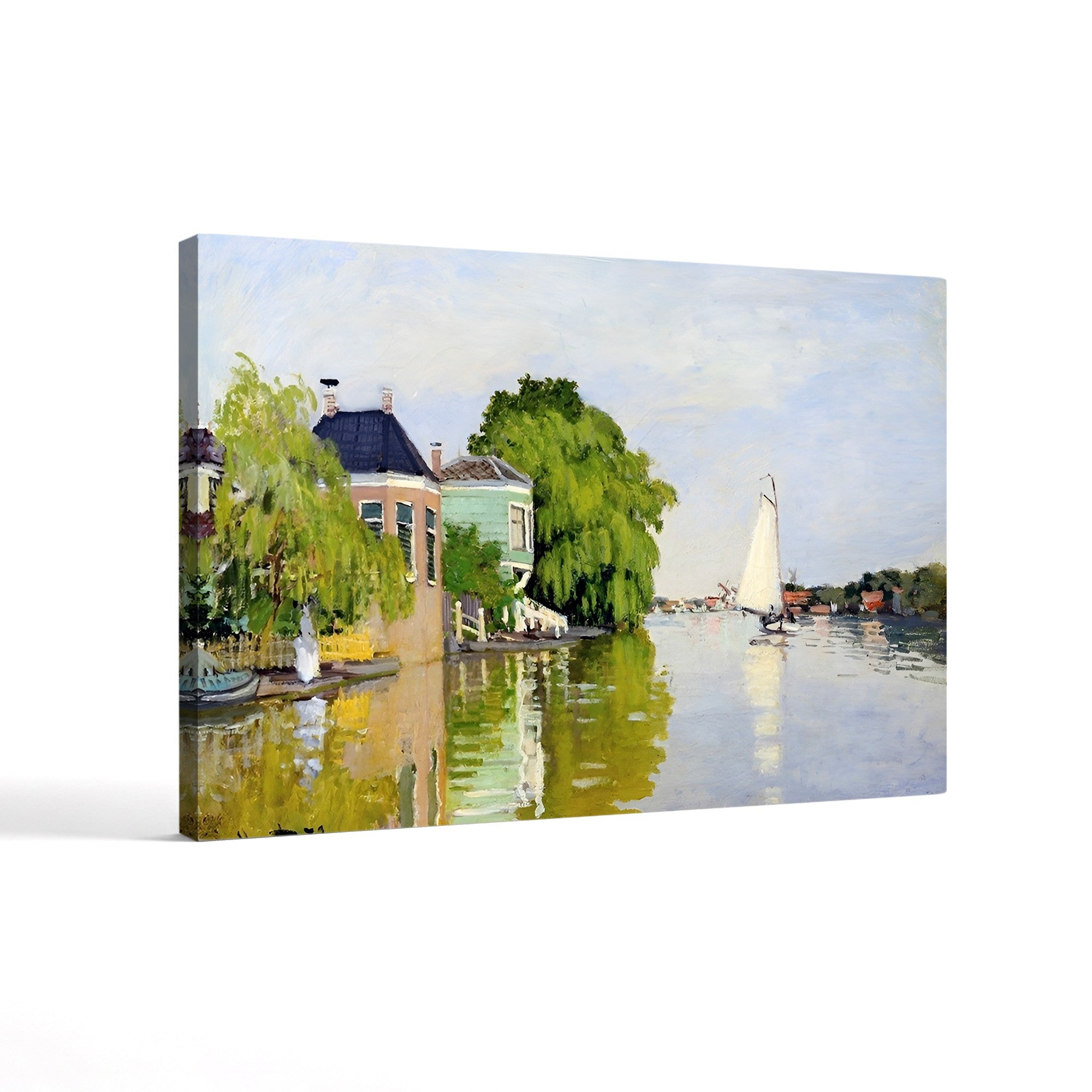 Houses on the Achterzaan – Claude Monet Wall Art | Early Impressionist Dutch Waterfront Canvas Print