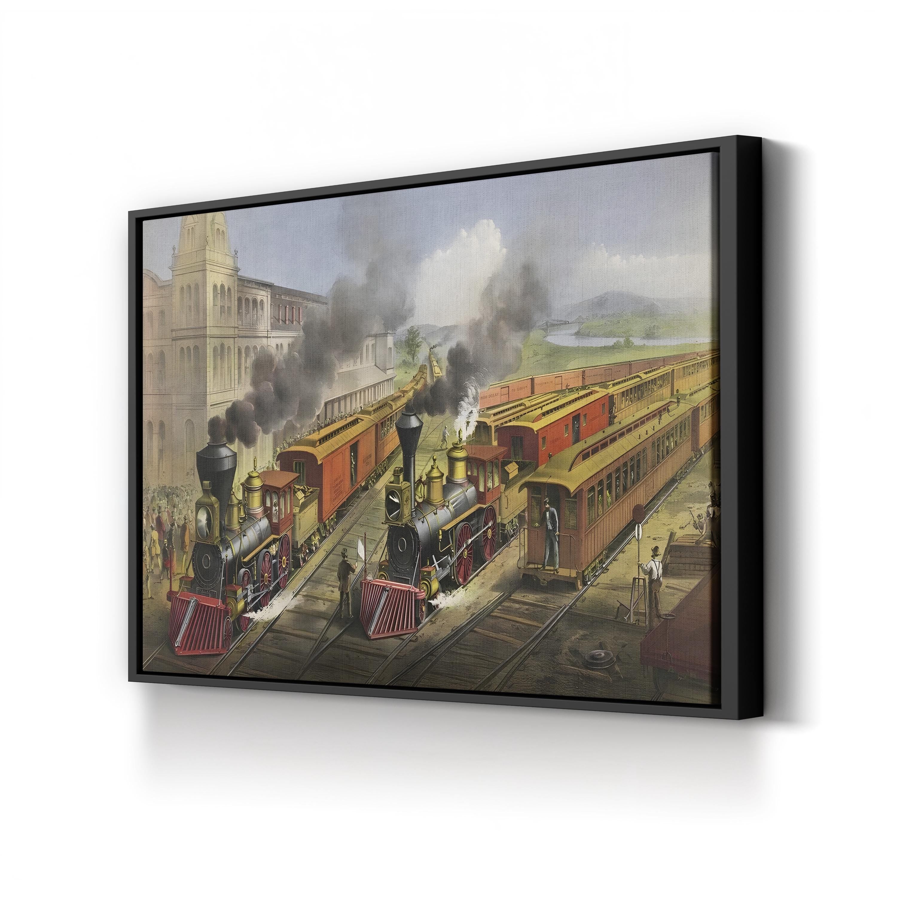 Lightning Express Trains Leaving the Junction Wall Art | 19th Century American Railroad Scene Print
