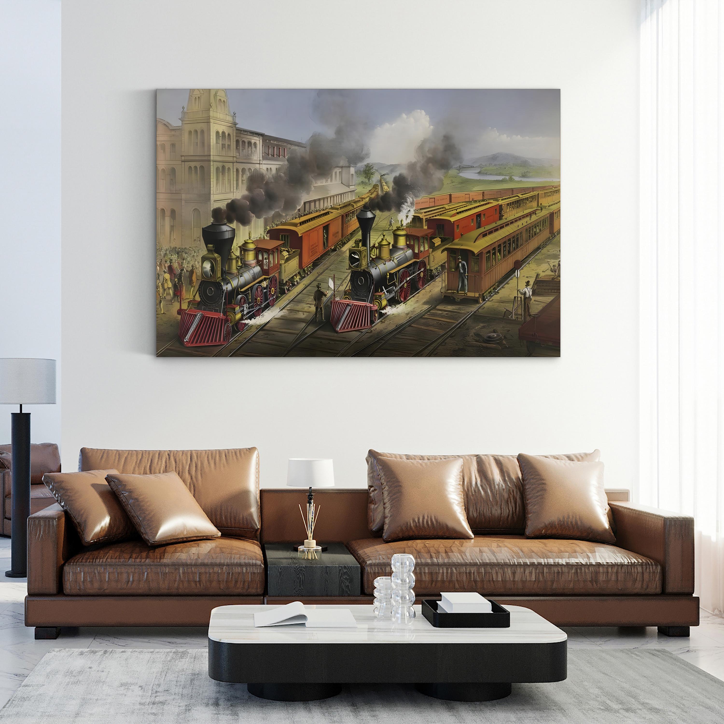 Lightning Express Trains Leaving the Junction Wall Art | 19th Century American Railroad Scene Print