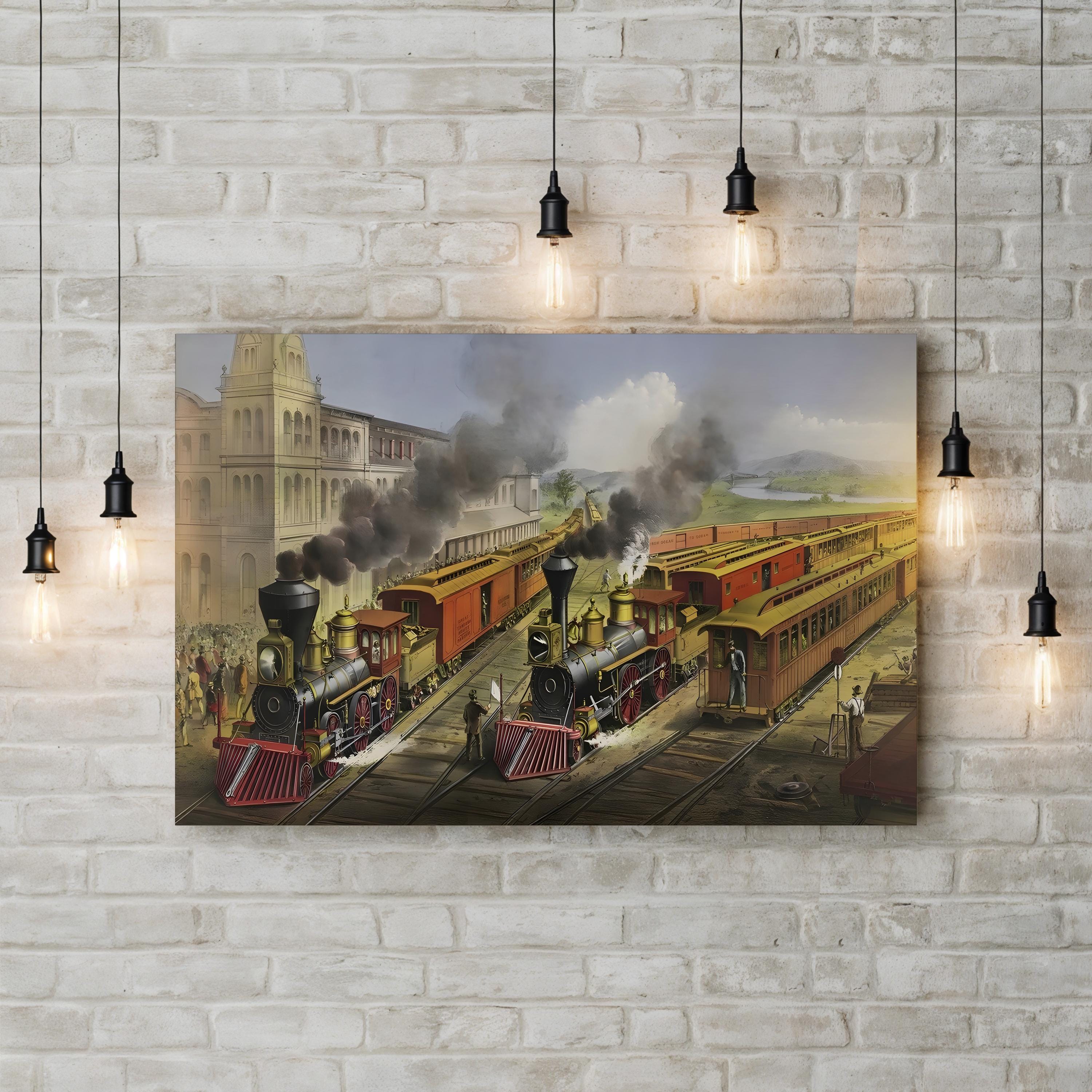 Lightning Express Trains Leaving the Junction Wall Art | 19th Century American Railroad Scene Print
