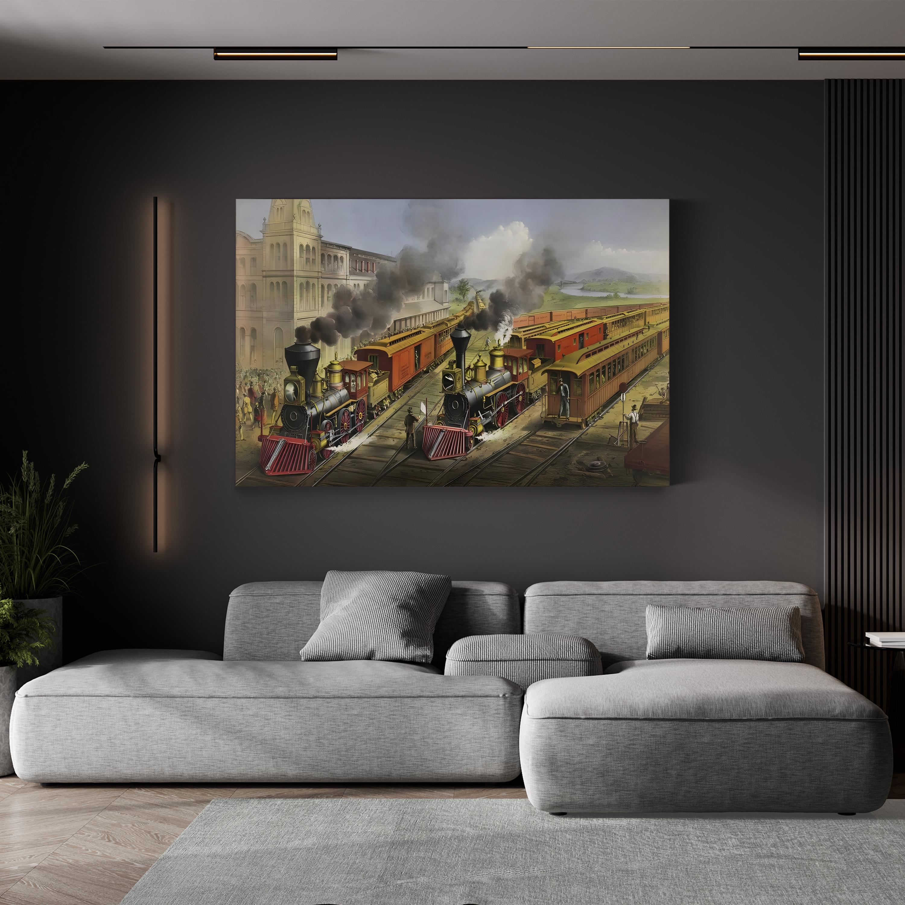 Lightning Express Trains Leaving the Junction Wall Art | 19th Century American Railroad Scene Print
