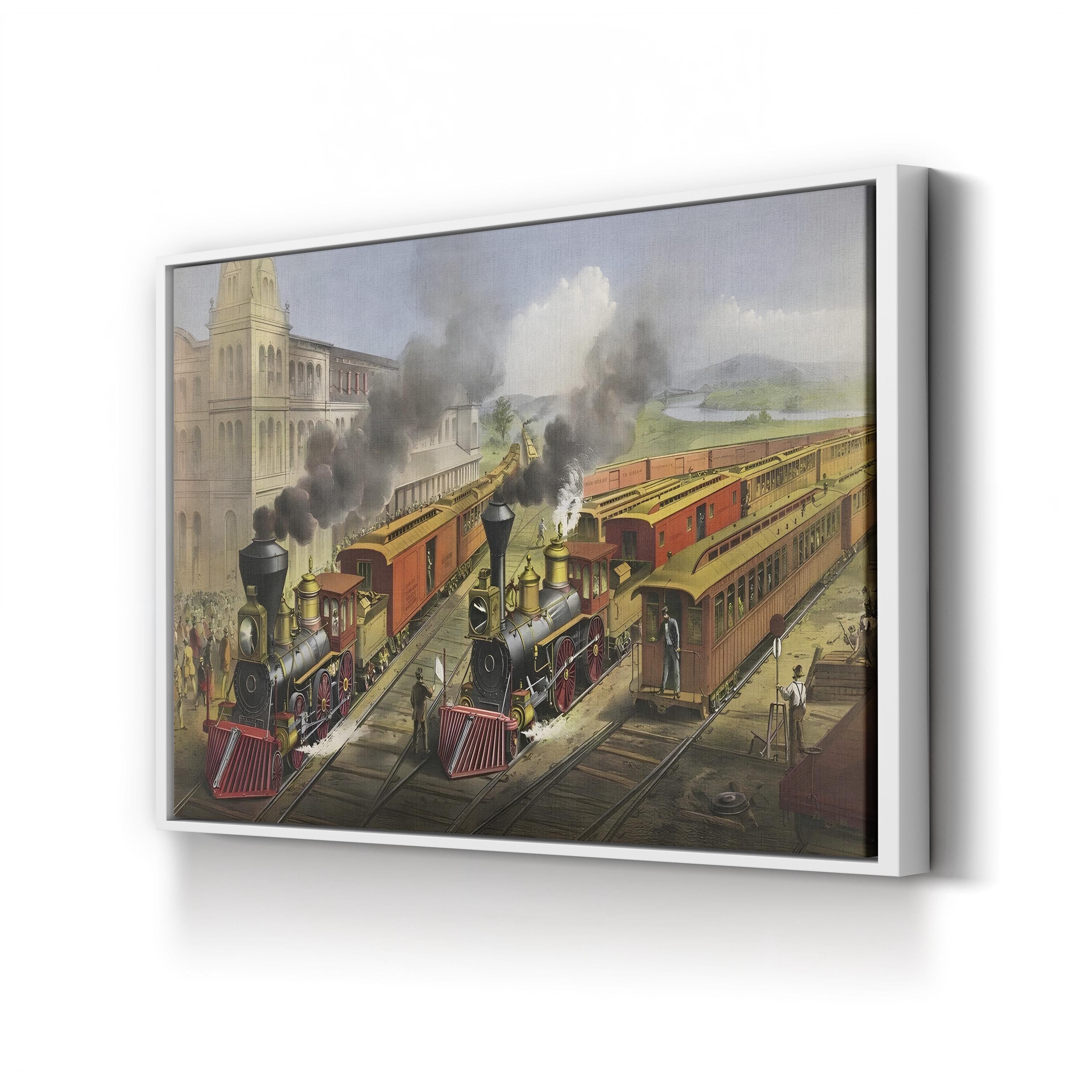 Lightning Express Trains Leaving the Junction Wall Art | 19th Century American Railroad Scene Print