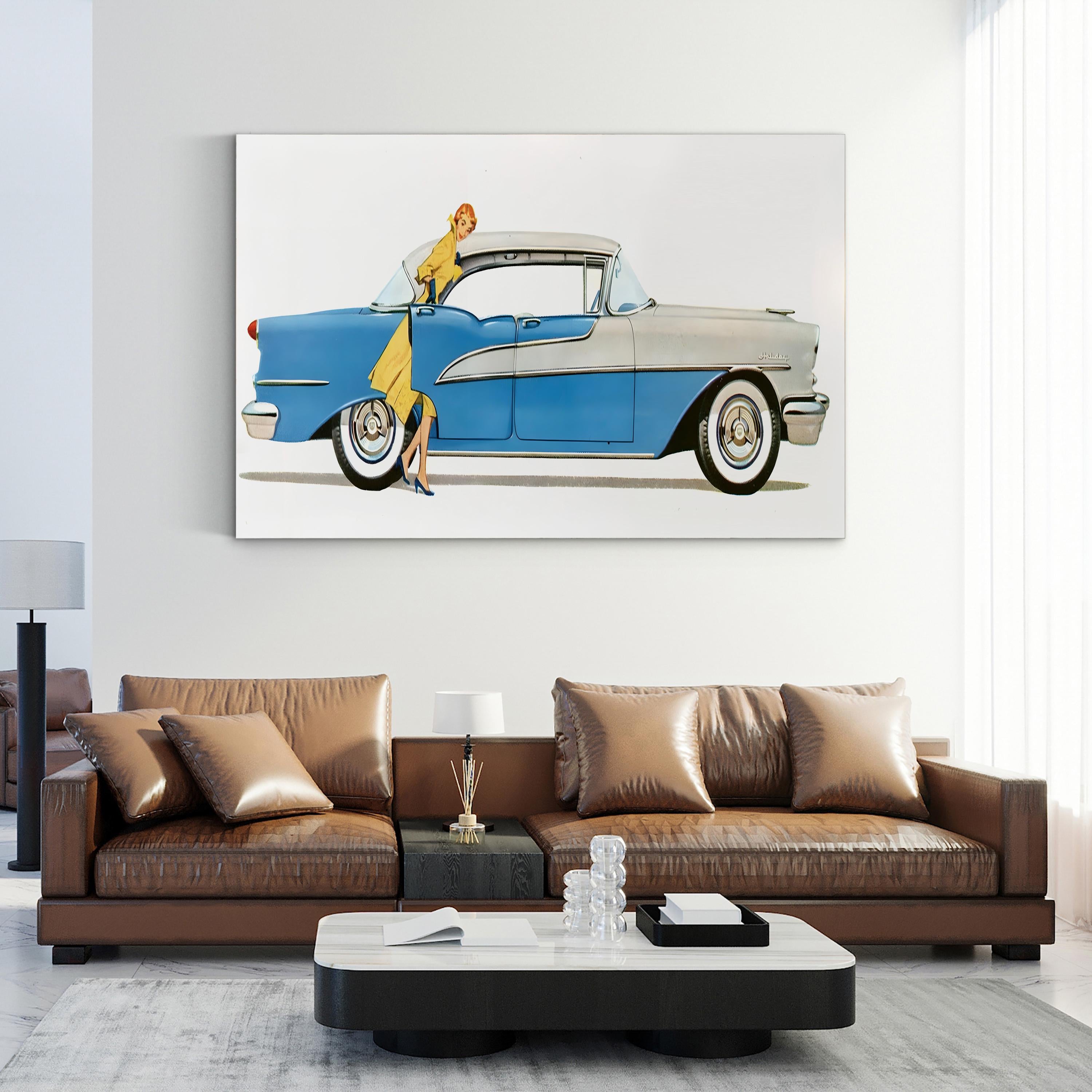 1950s Oldsmobile Sky-Blue Convertible – Period Advertisement Wall Art | Mid-Century Automotive Canvas Print
