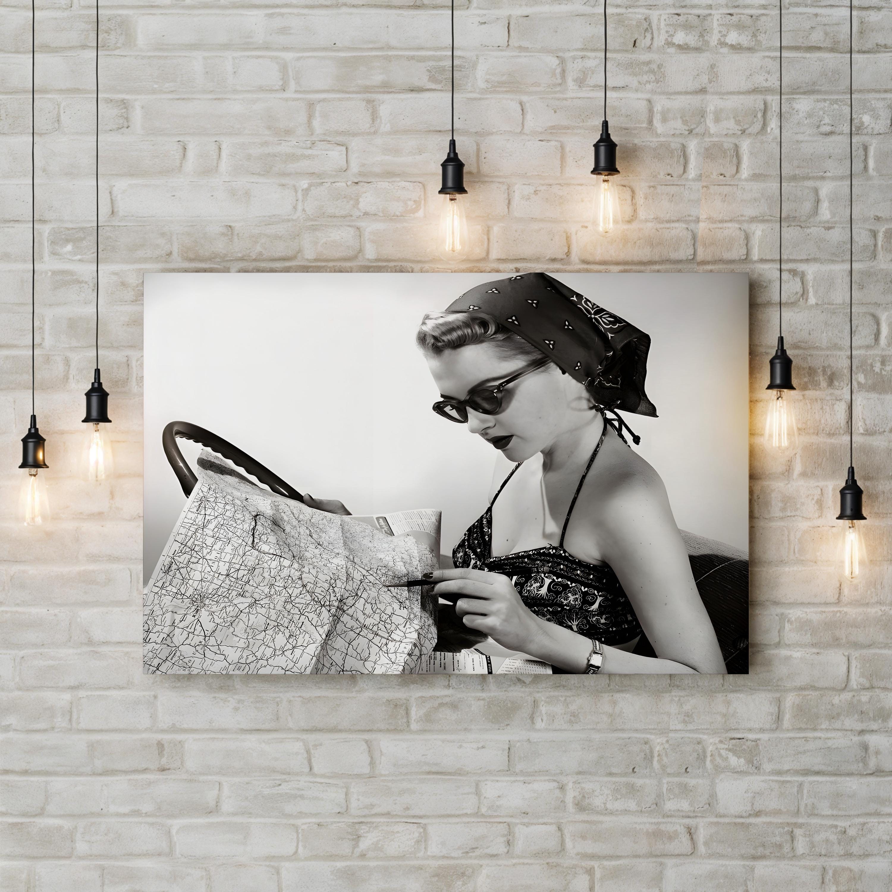 1950s Pin-Up with Road Map – Vintage Photography Wall Art | Retro Canvas Print