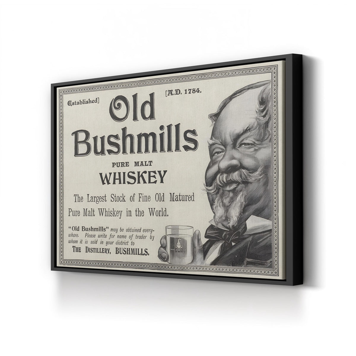 Old Bushmills Pure Malt Whiskey Advertisement canvas print in Black Framed Canvas