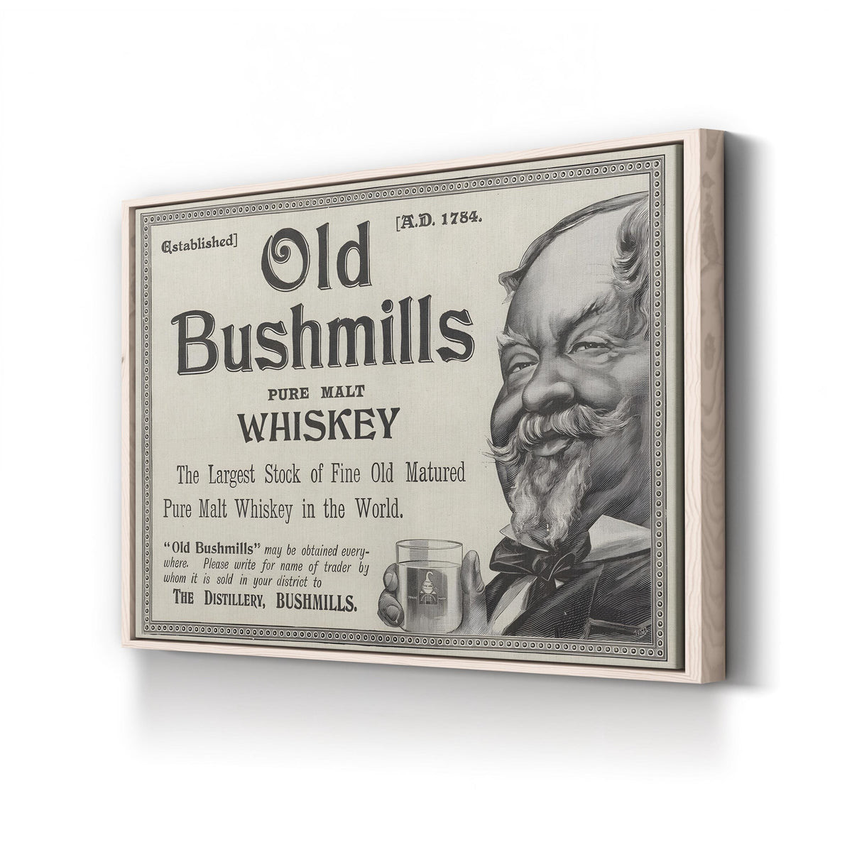 Old Bushmills Pure Malt Whiskey Advertisement canvas print in Natural Frame Canvas