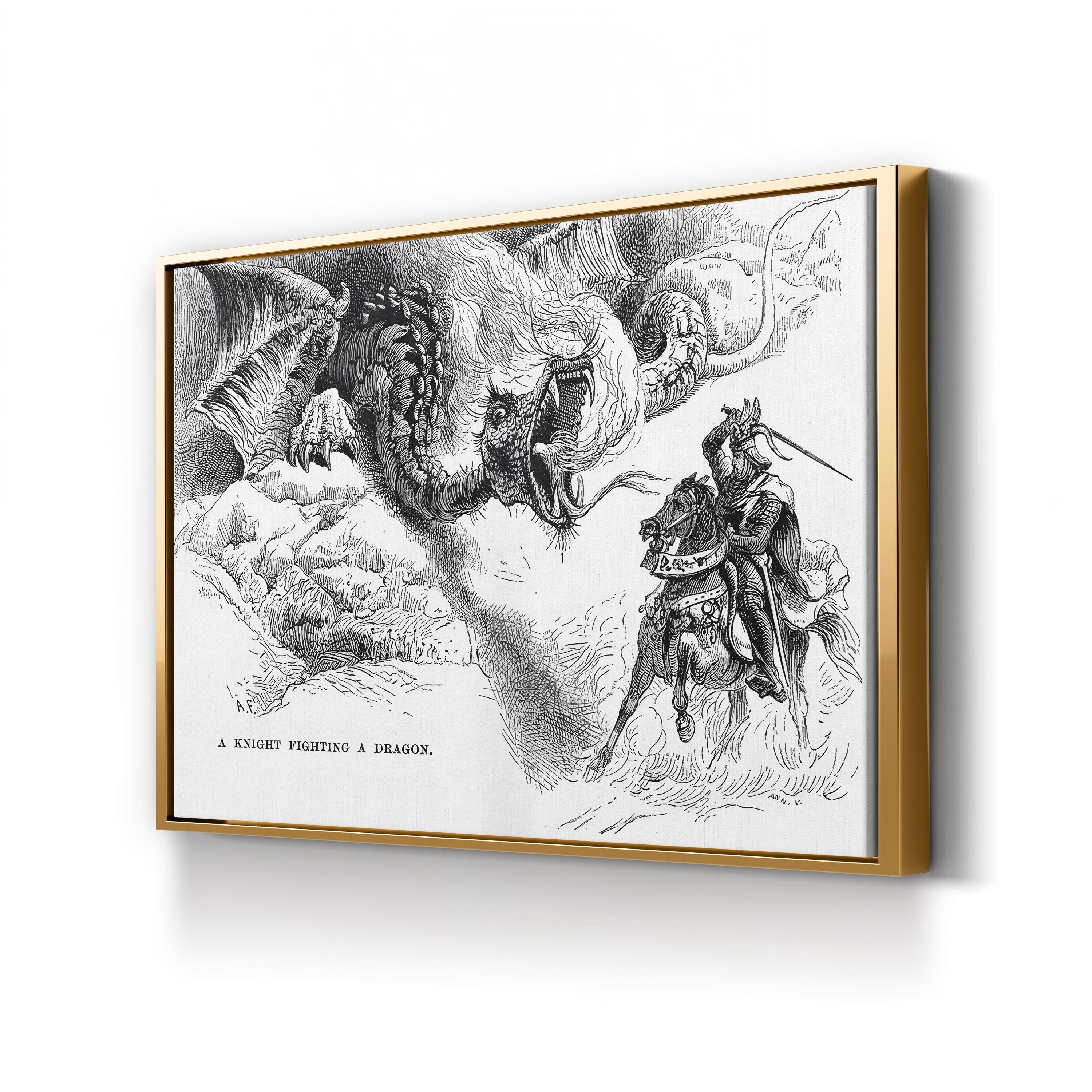 A Knight Errant Fighting a Dragon Wall Art | 19th Century Medieval Fantasy Illustration Canvas