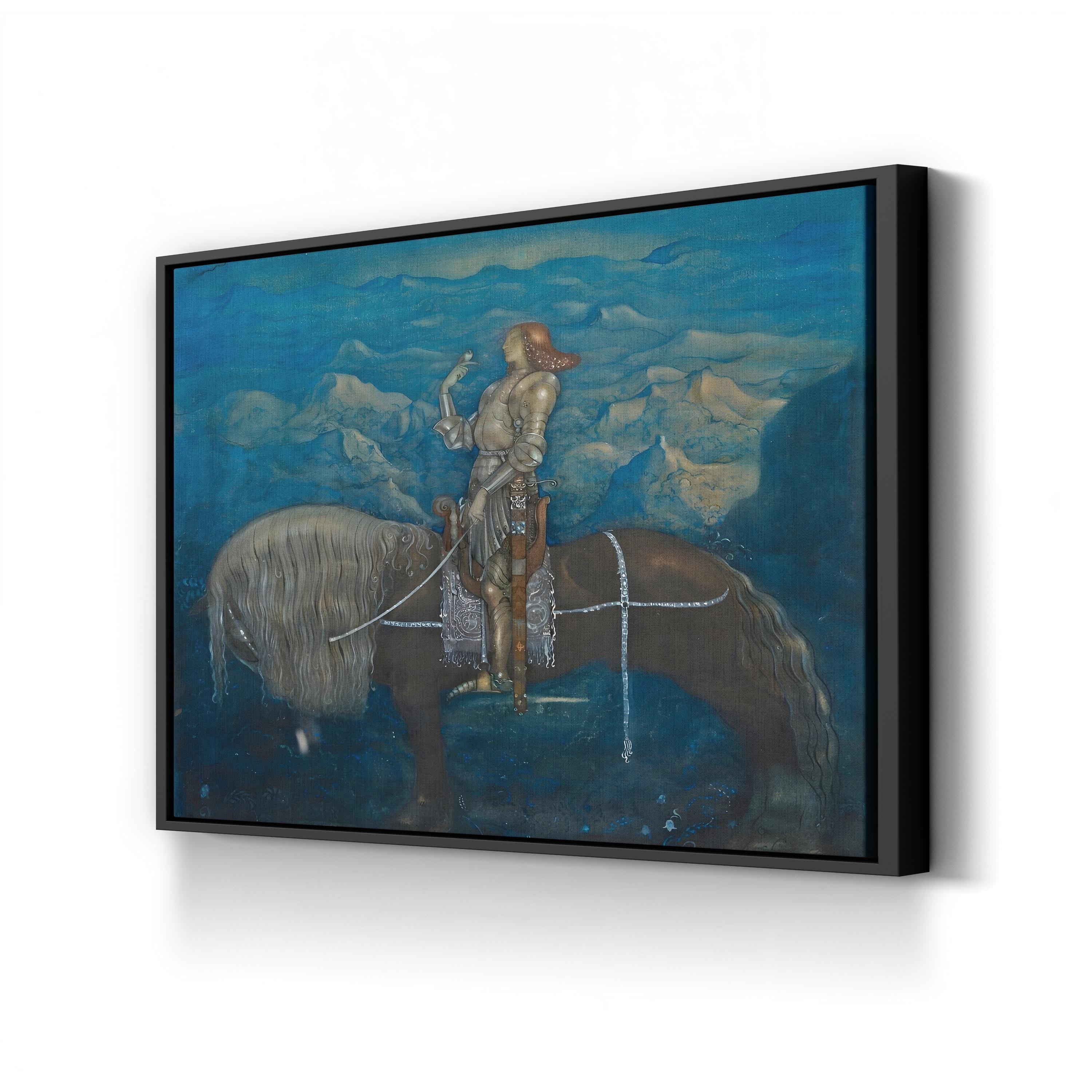 Knight with a Falcon on Horseback canvas print in Black framed canvas