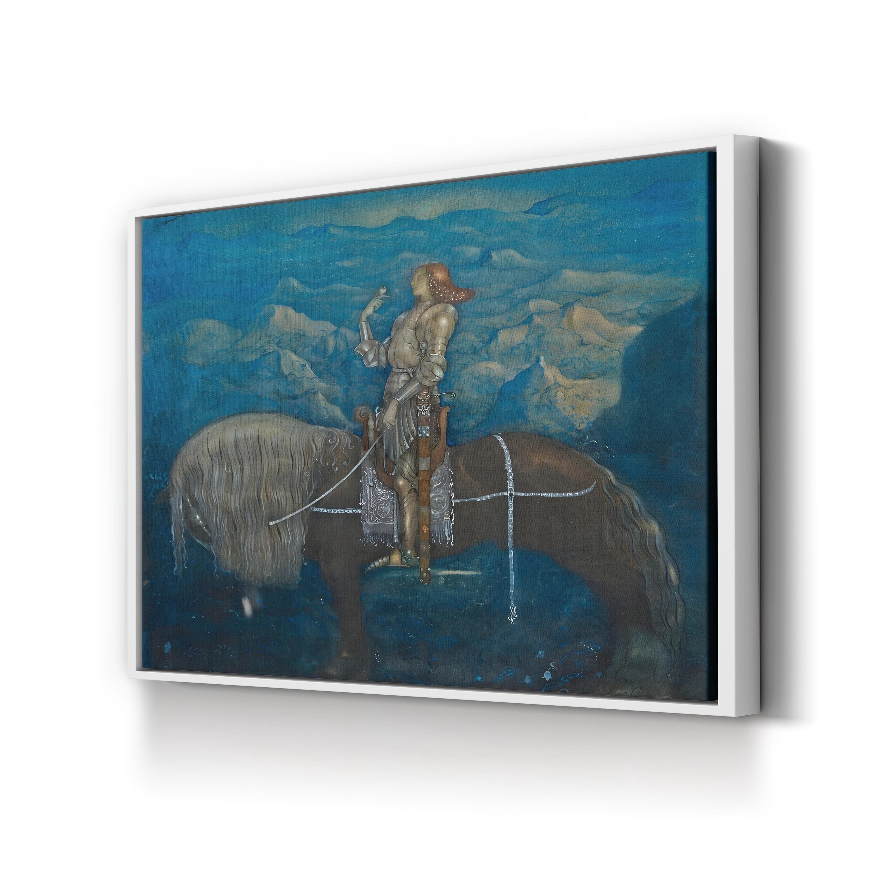 Knight with a Falcon on Horseback canvas print in White framed canvas