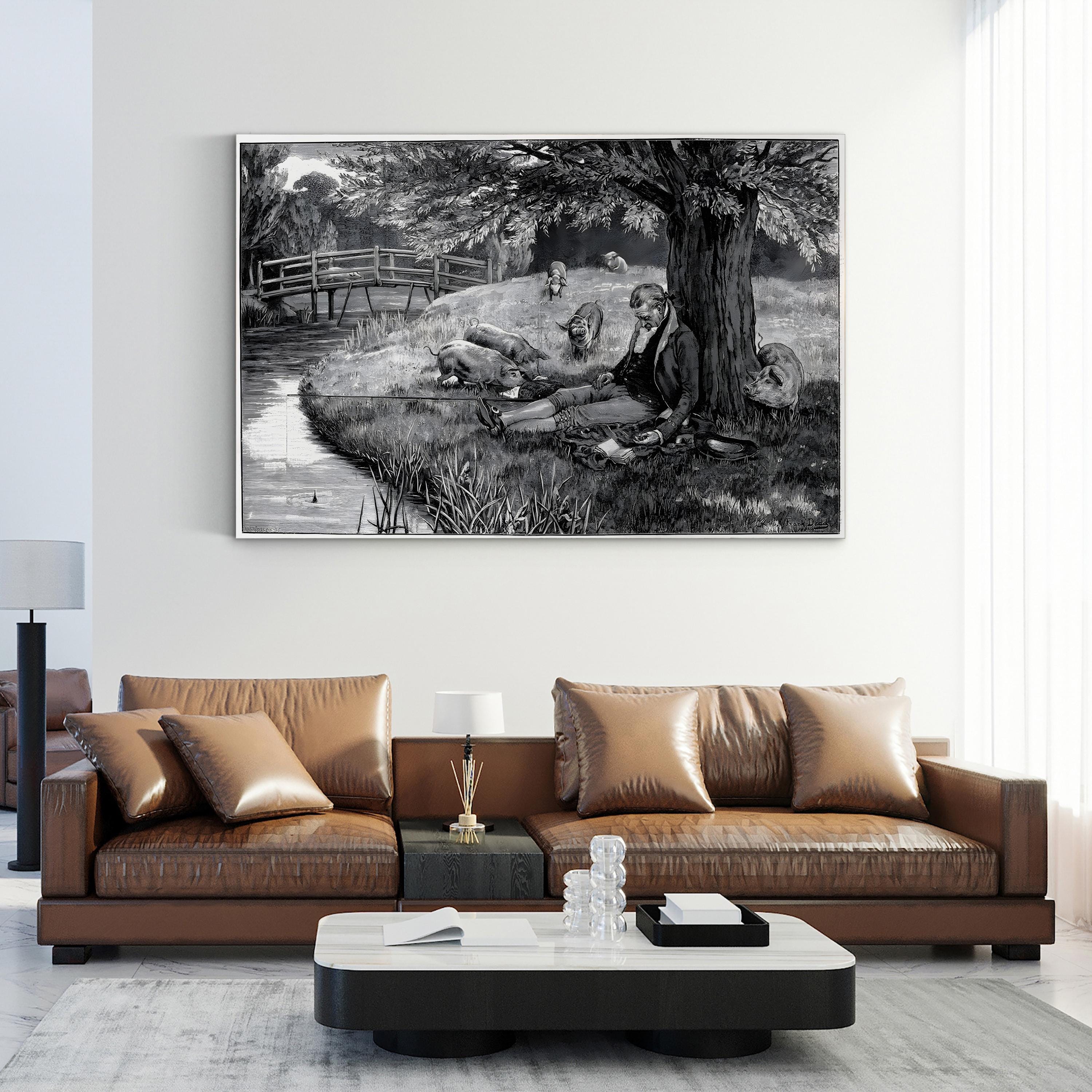 18th Century Angler Fishing – Period Illustration Wall Art | Vintage Landscape Canvas Print
