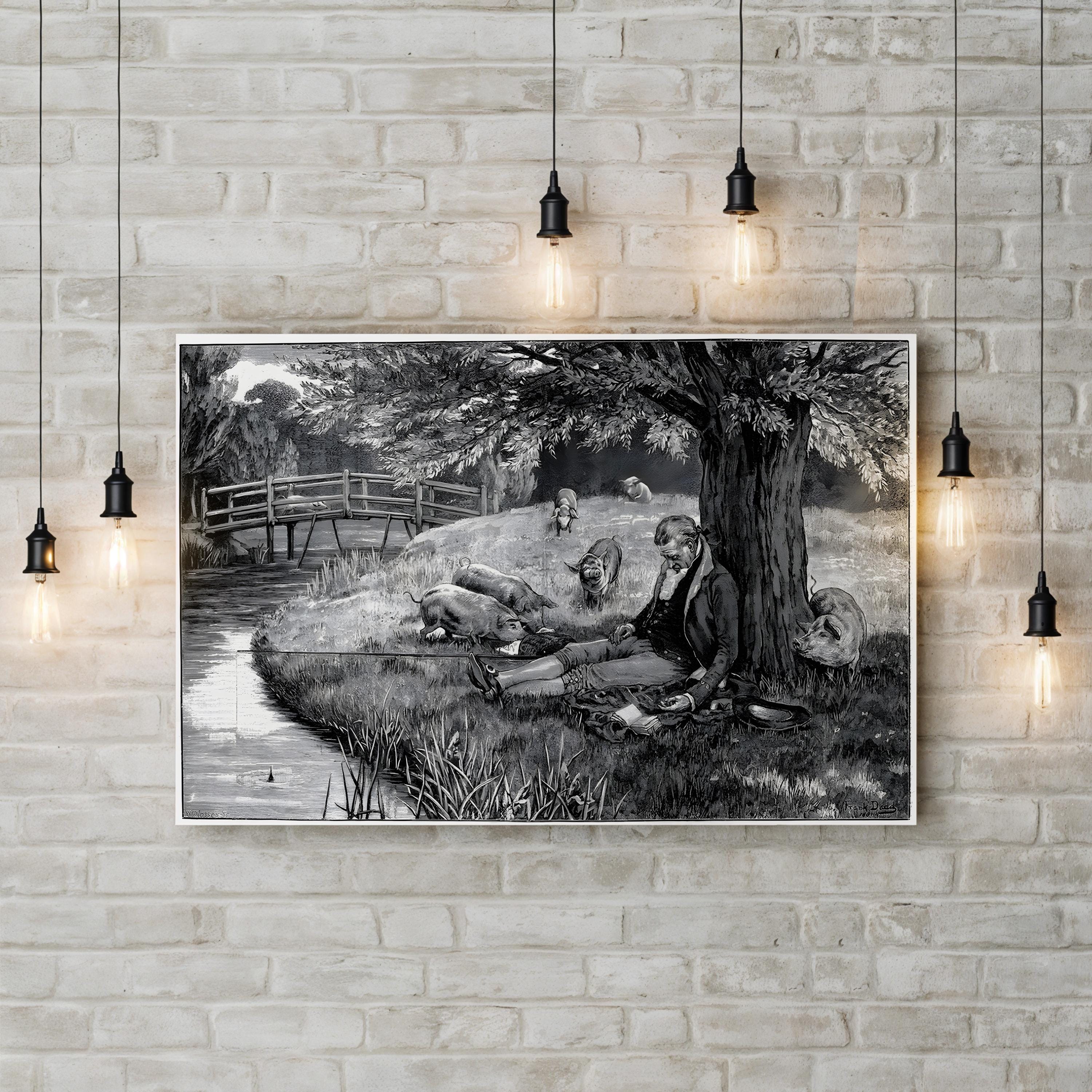 18th Century Angler Fishing – Period Illustration Wall Art | Vintage Landscape Canvas Print