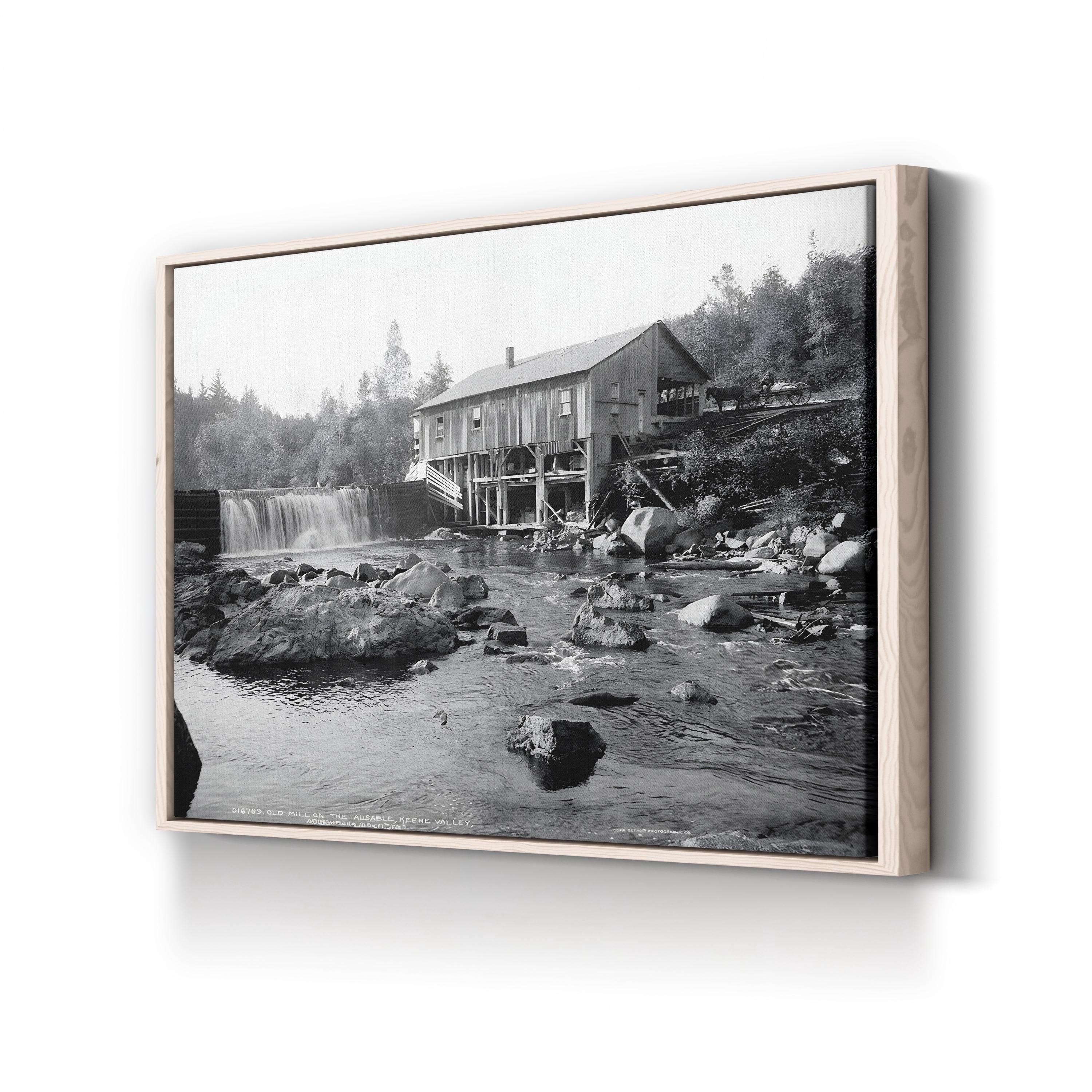 An Old Mill on the Ausable River, Adirondack Mountains, New York, c.1903 – Black & White Vintage Landscape Photograph Canvas