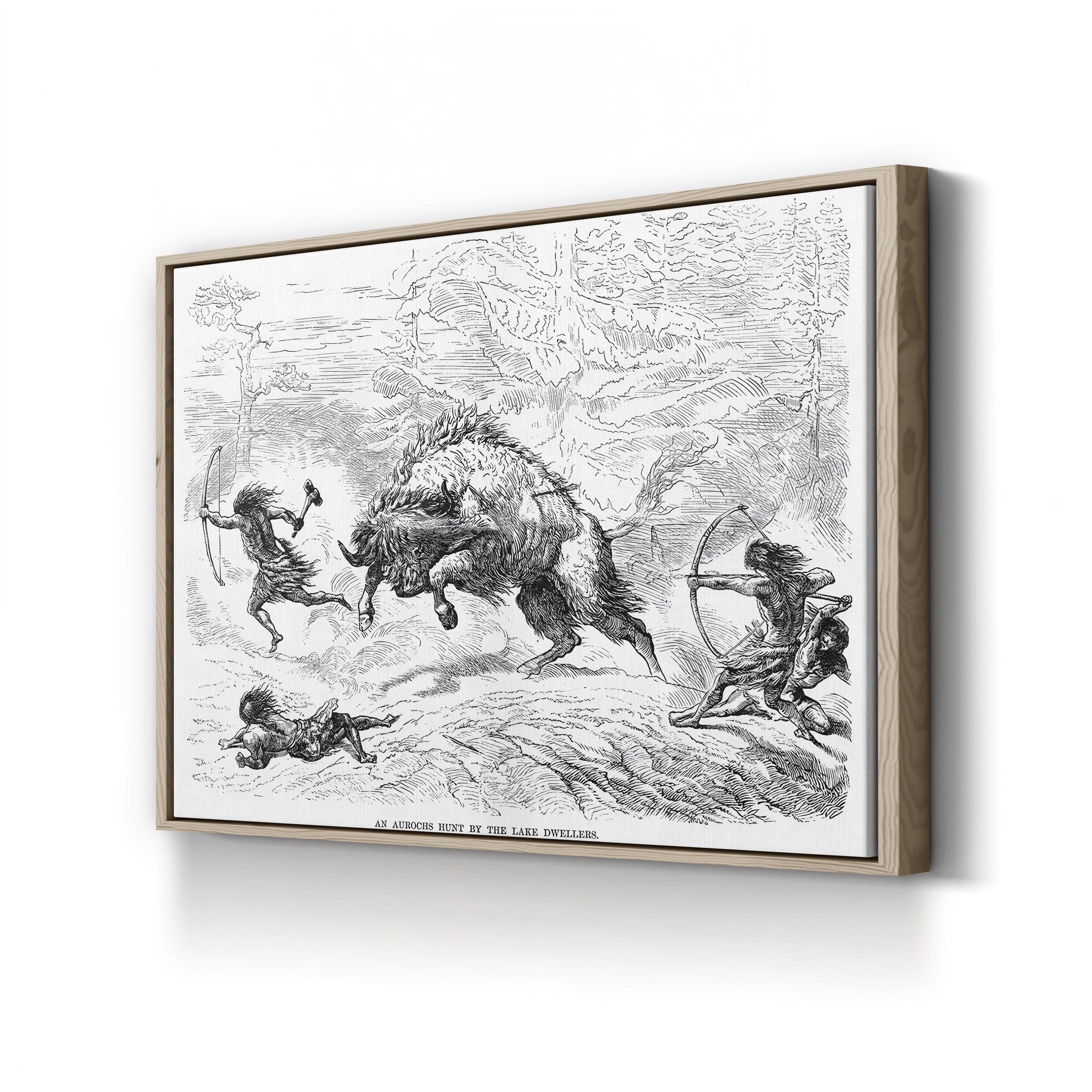 An Aurochs Hunt by the Lake Dwellers canvas print in oak frame
