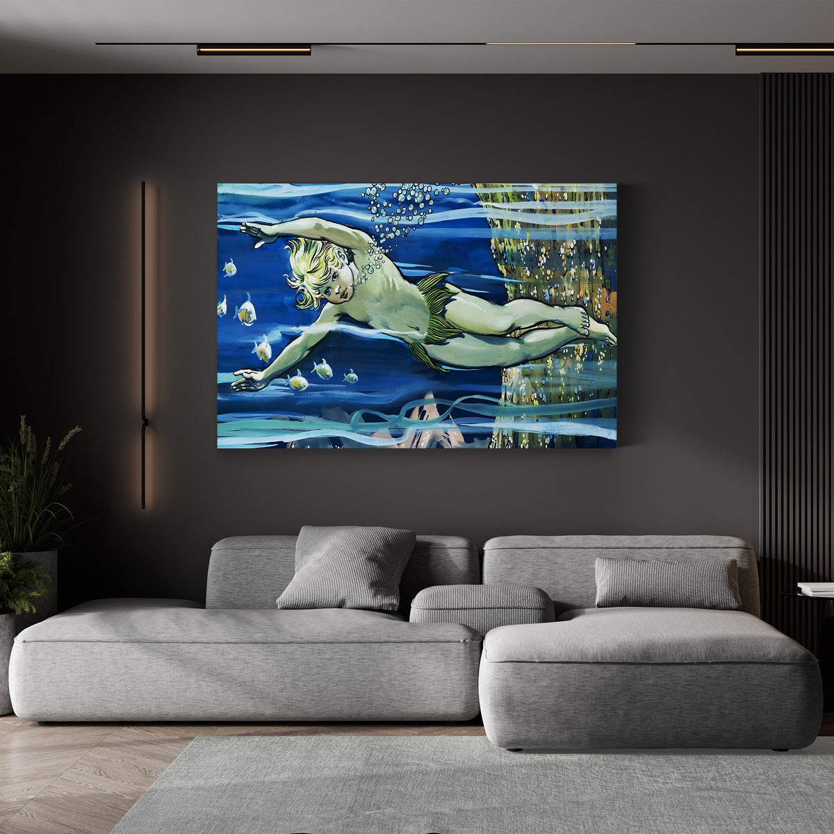 Boy Swimming from The Water-Babies by Jesus Blasco canvas print displayed in a dark modern living room with a gray sofa