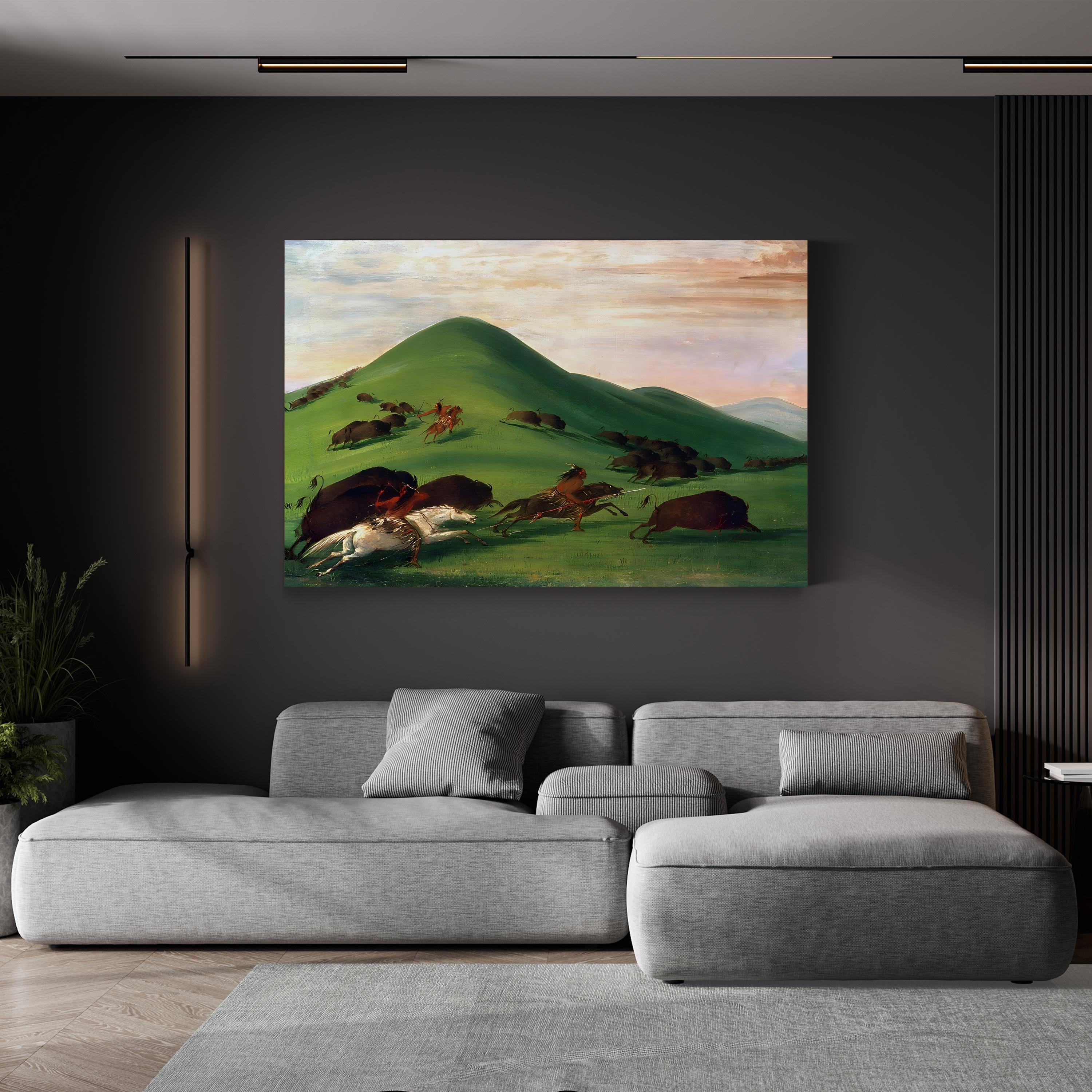 Buffalo Hunt, 1830s Wall Art by George Catlin – Western Native American Historical Canvas