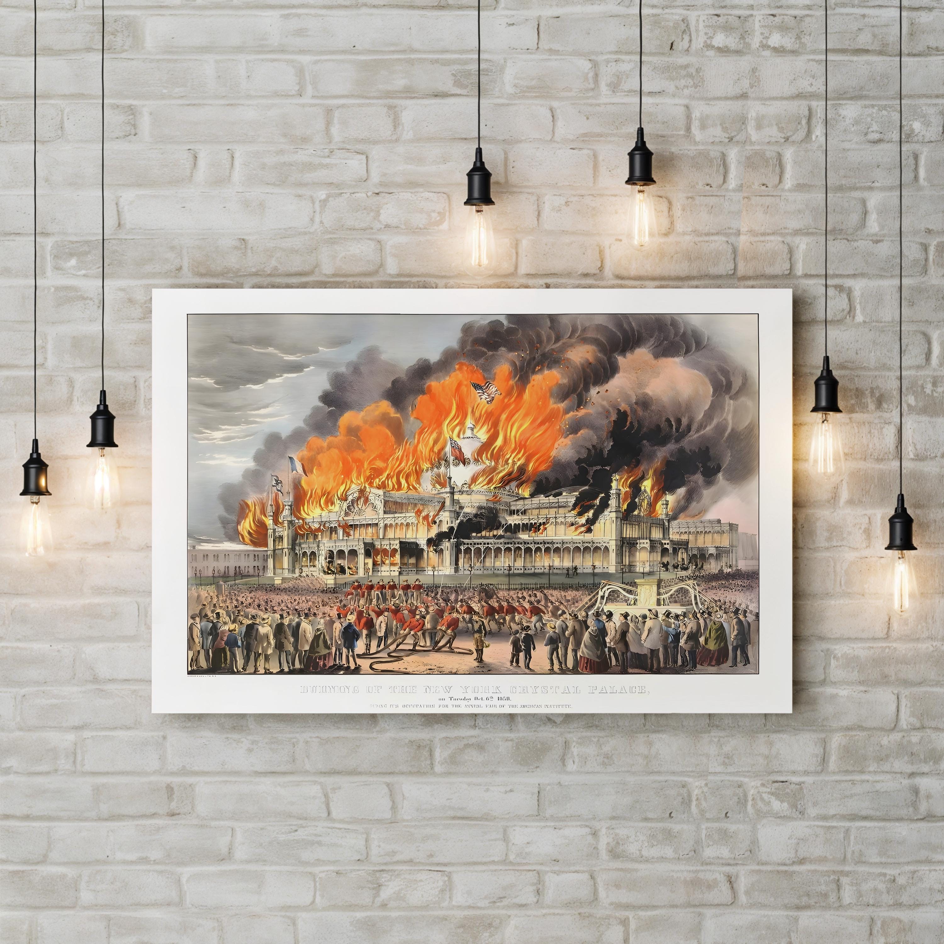 Burning of the New York Crystal Palace, October 5, 1858 – Currier & Ives Historic Lithograph Wall Art