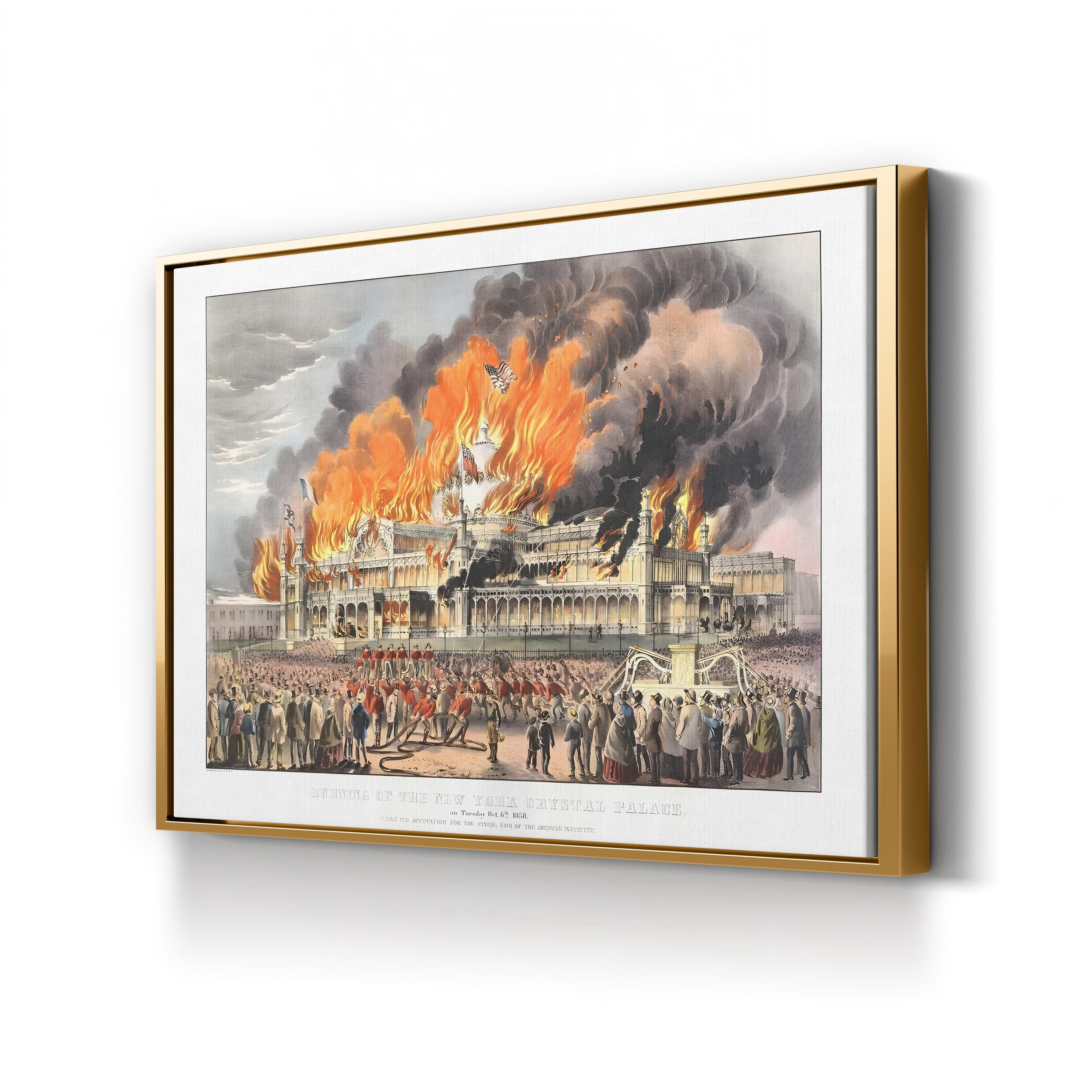 Burning of the New York Crystal Palace, October 5, 1858 by Currier & Ives canvas print in Gold Framed Canvas