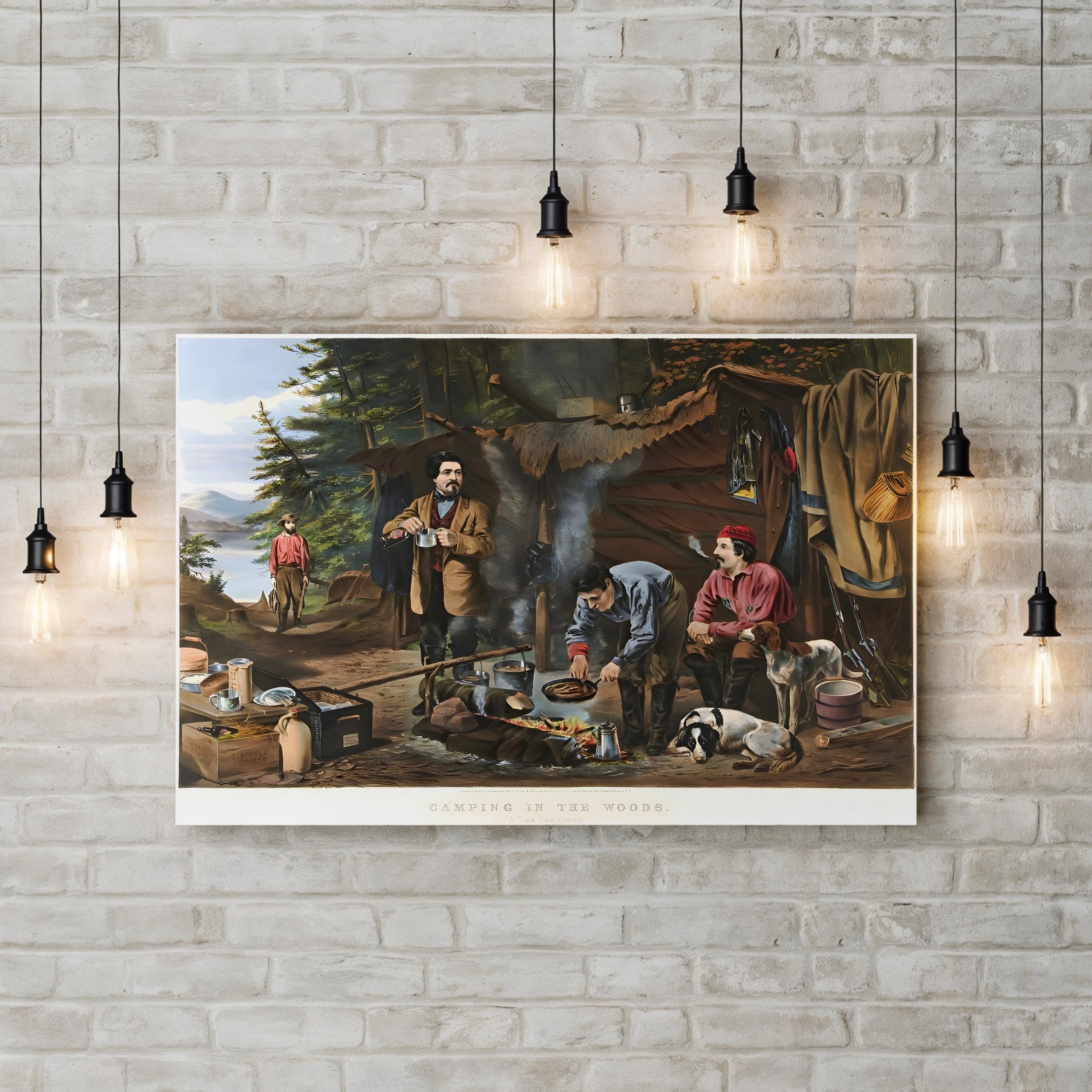 19th-Century Outdoor Adventure Camping in the Woods Art Print