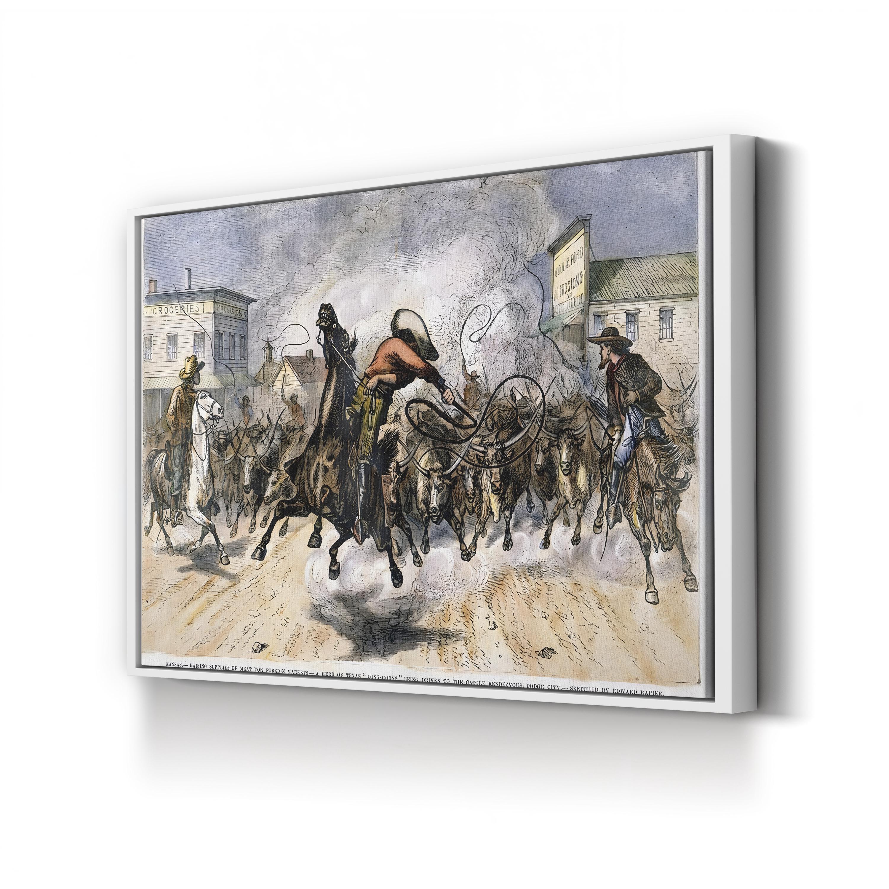 Vintage Longhorn Cattle Drive Canvas Art Print: Dodge City 1878 – Western Frontier Scene