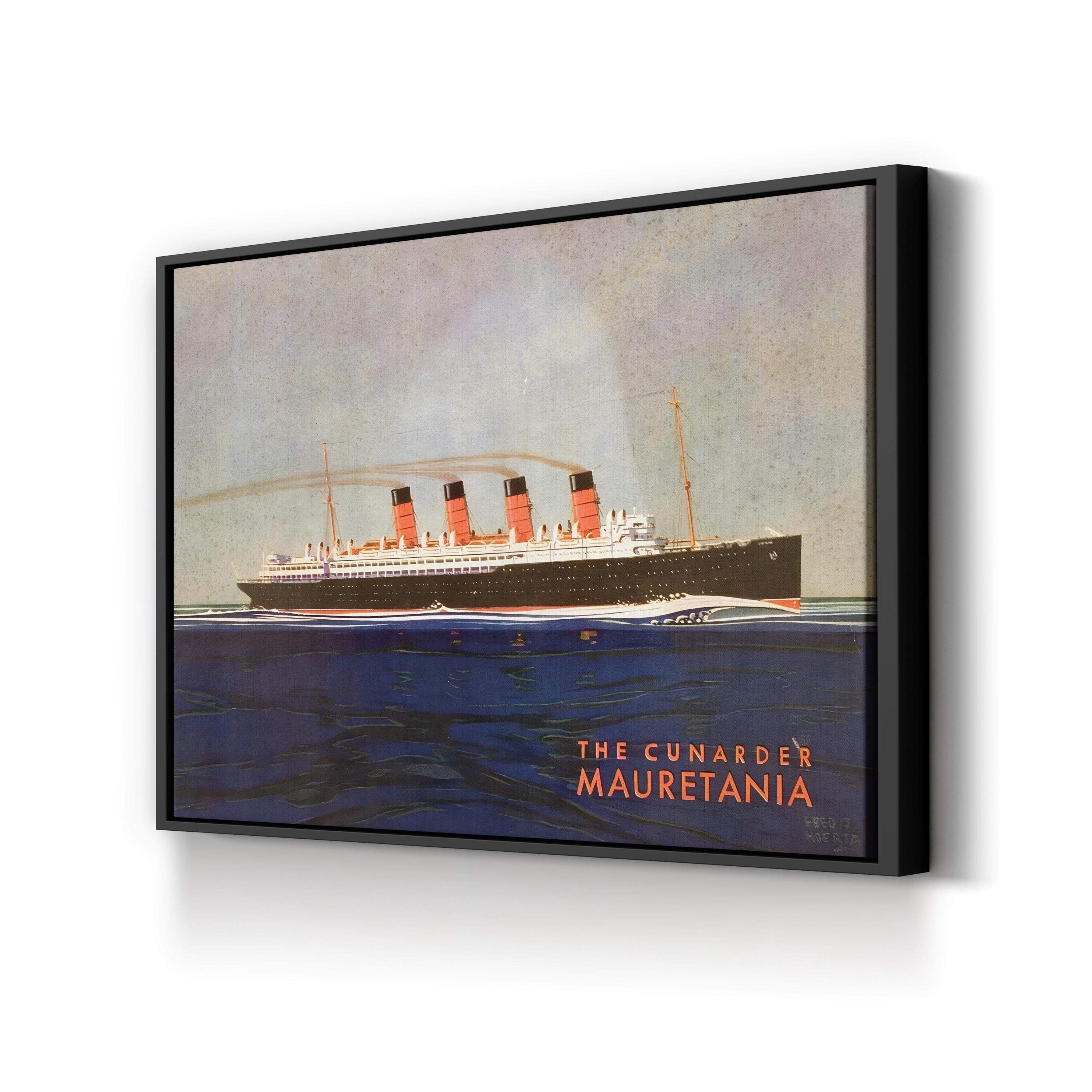 The Cunarder Mauretania by Fred J. Hoertz canvas print in Black Framed Canvas