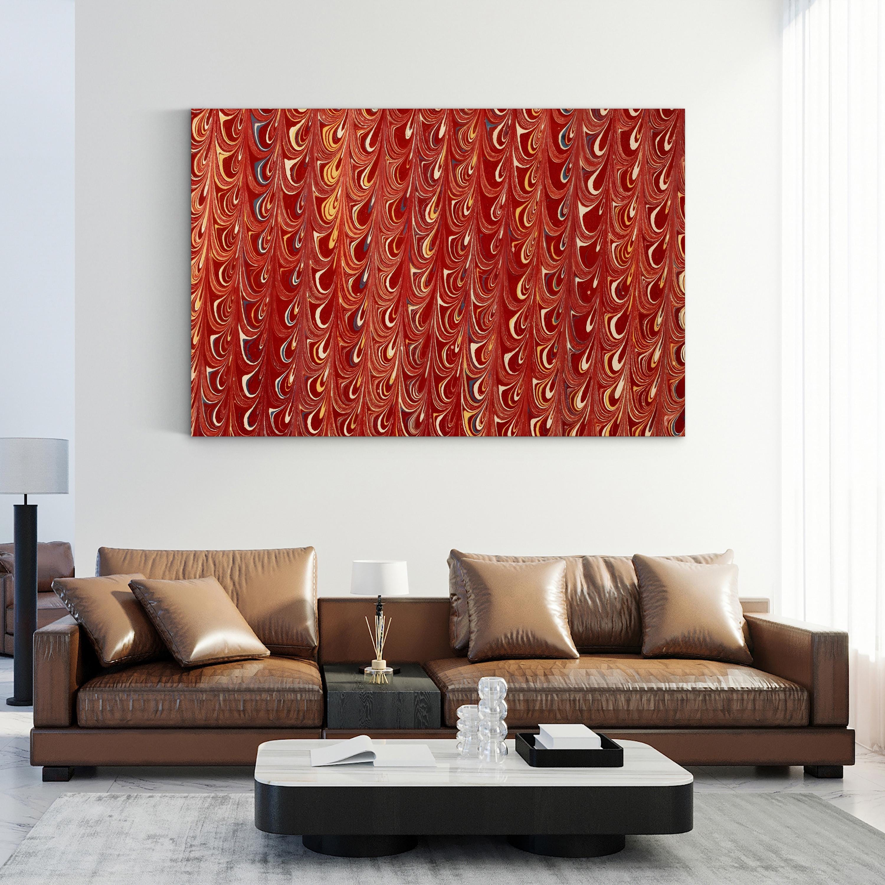 Decorative Endpaper Wall Art – 19th Century Red Marble Paper Print