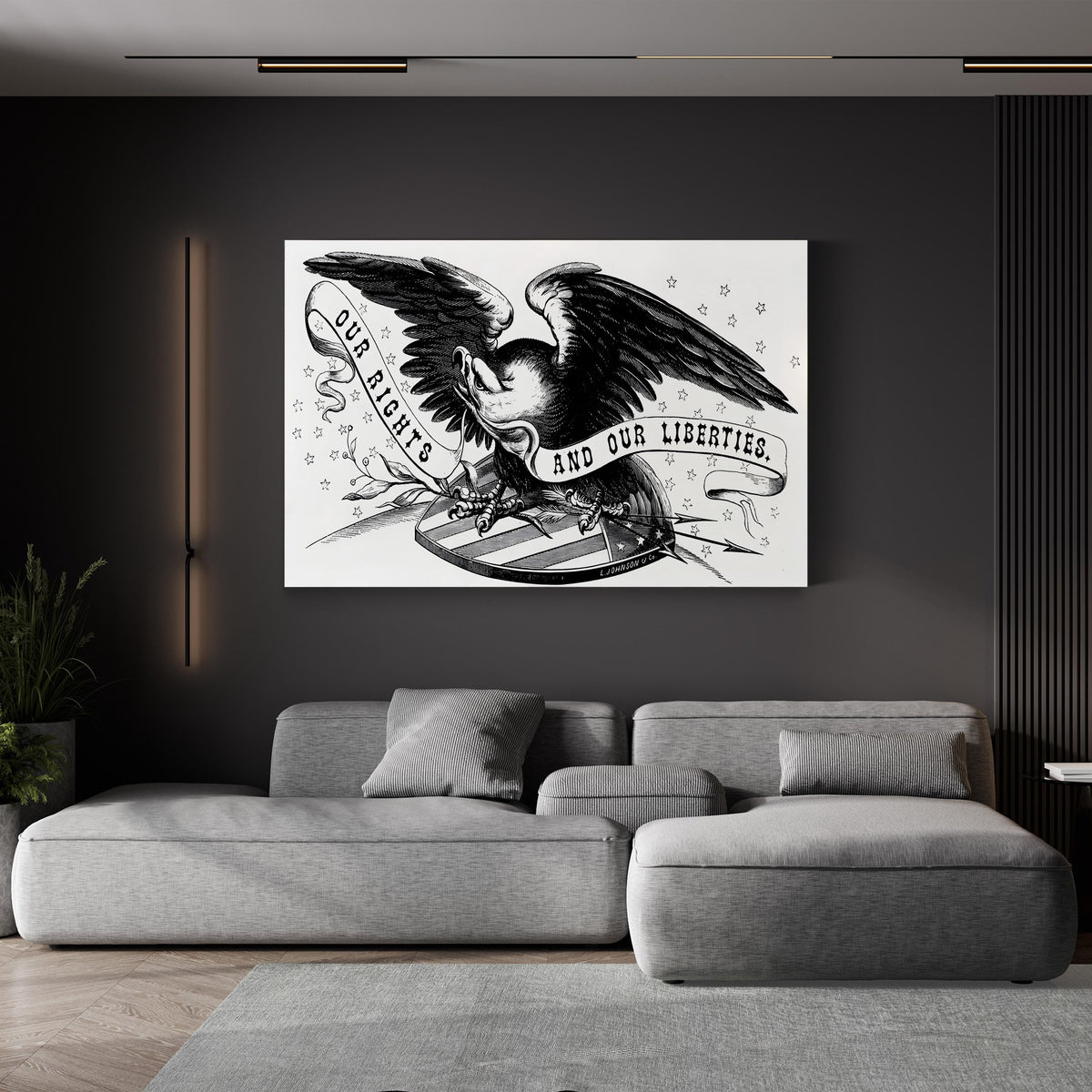 American Eagle with “Our Rights and Our Liberties” Banner Engraving canvas print displayed in a modern gray living room