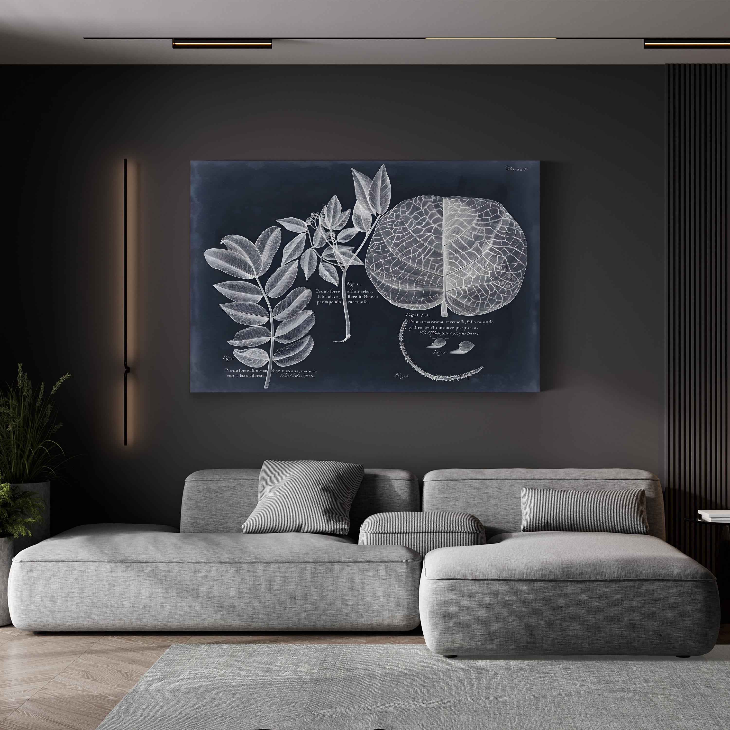 Antique Botanical Leaf Illustration on Navy canvas print displayed in room