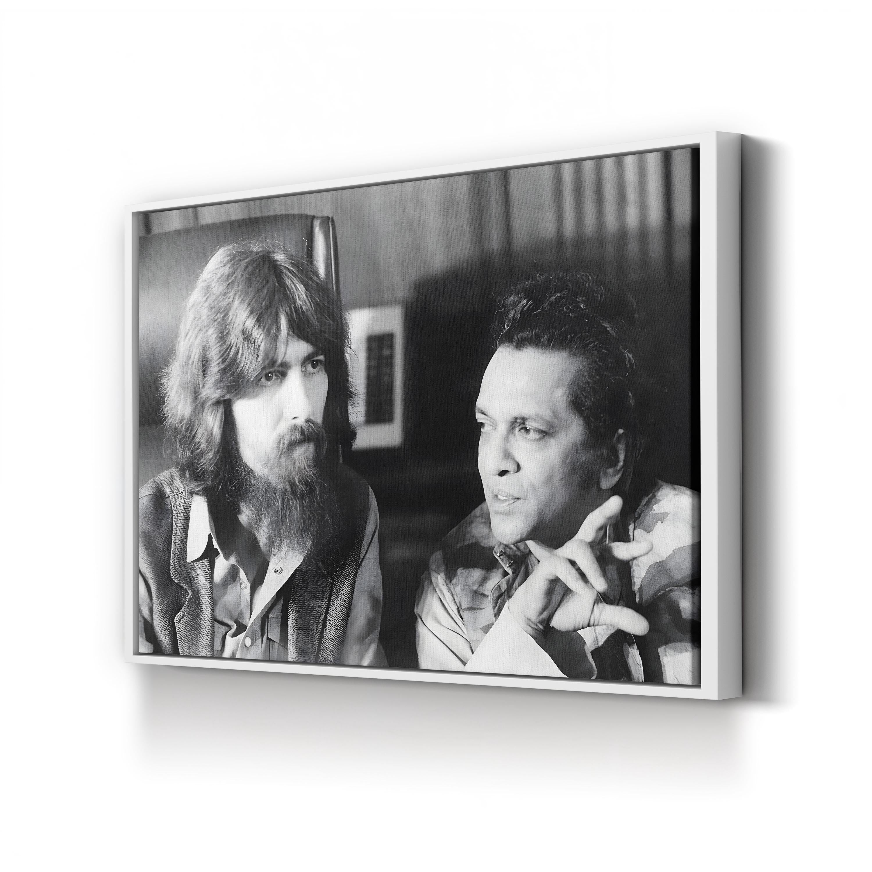 George Harrison & Ravi Shankar Canvas Print – 1971 Music History Black and White Photography Art