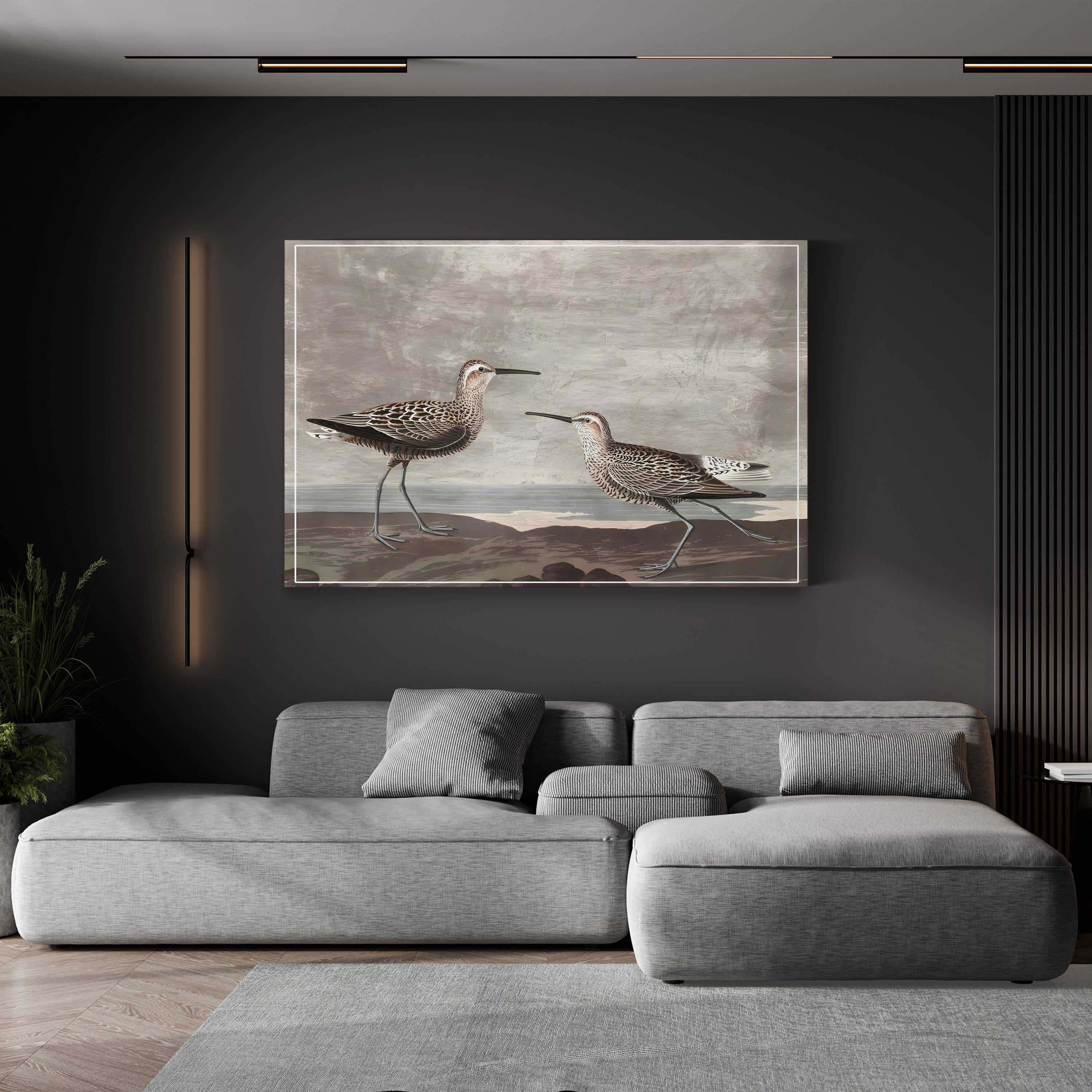 Curved-Bill Shorebirds on the Shore canvas print in Gallery Canvas, displayed in a room