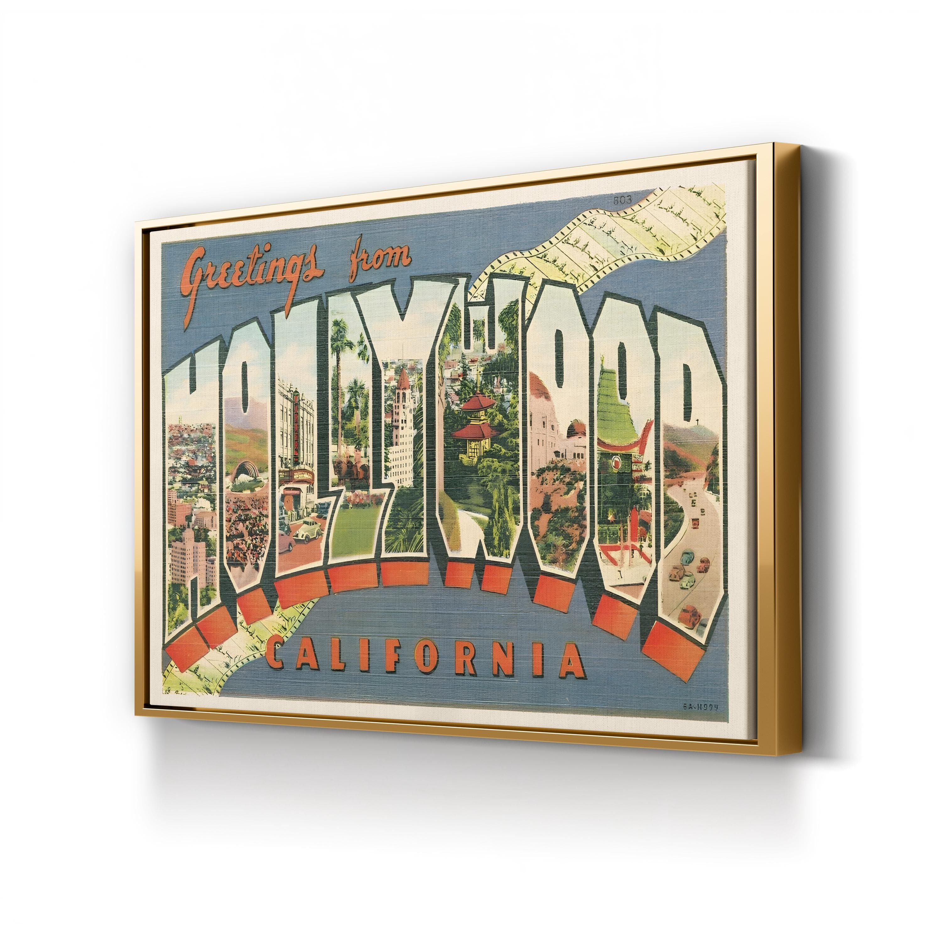 Greetings from Hollywood Postcard – Period Illustration Wall Art | Retro Travel Canvas Print