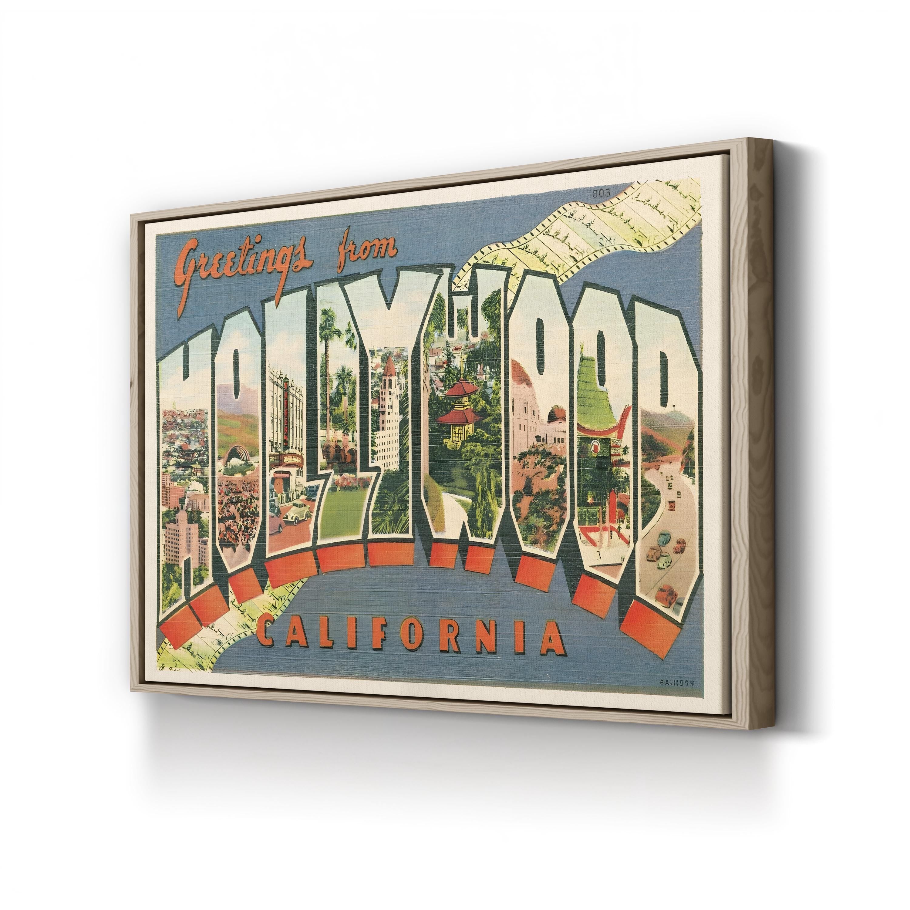 Greetings from Hollywood Postcard – Period Illustration Wall Art | Retro Travel Canvas Print