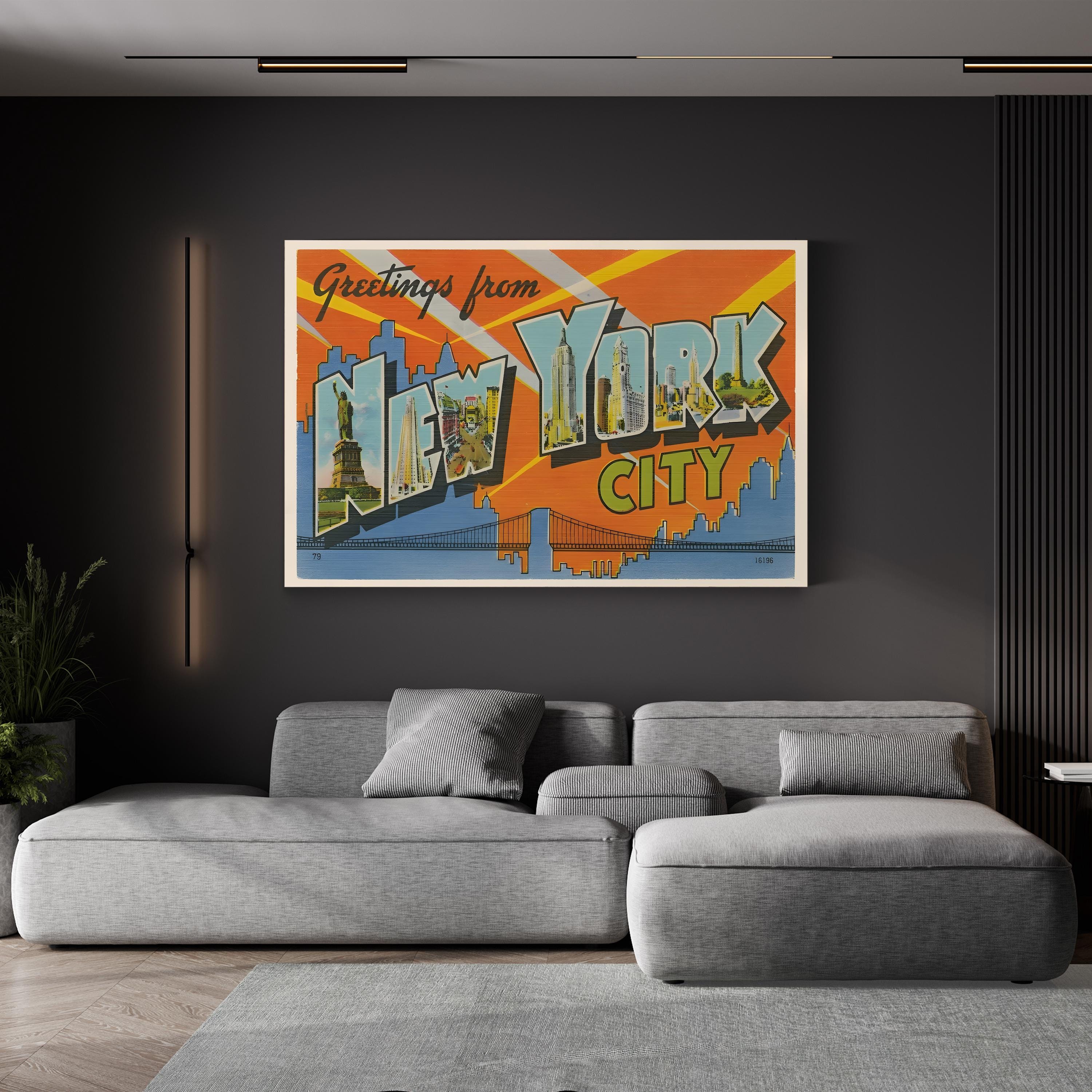 Greetings from New York Postcard – Period Illustration Wall Art | Retro Travel Canvas Print