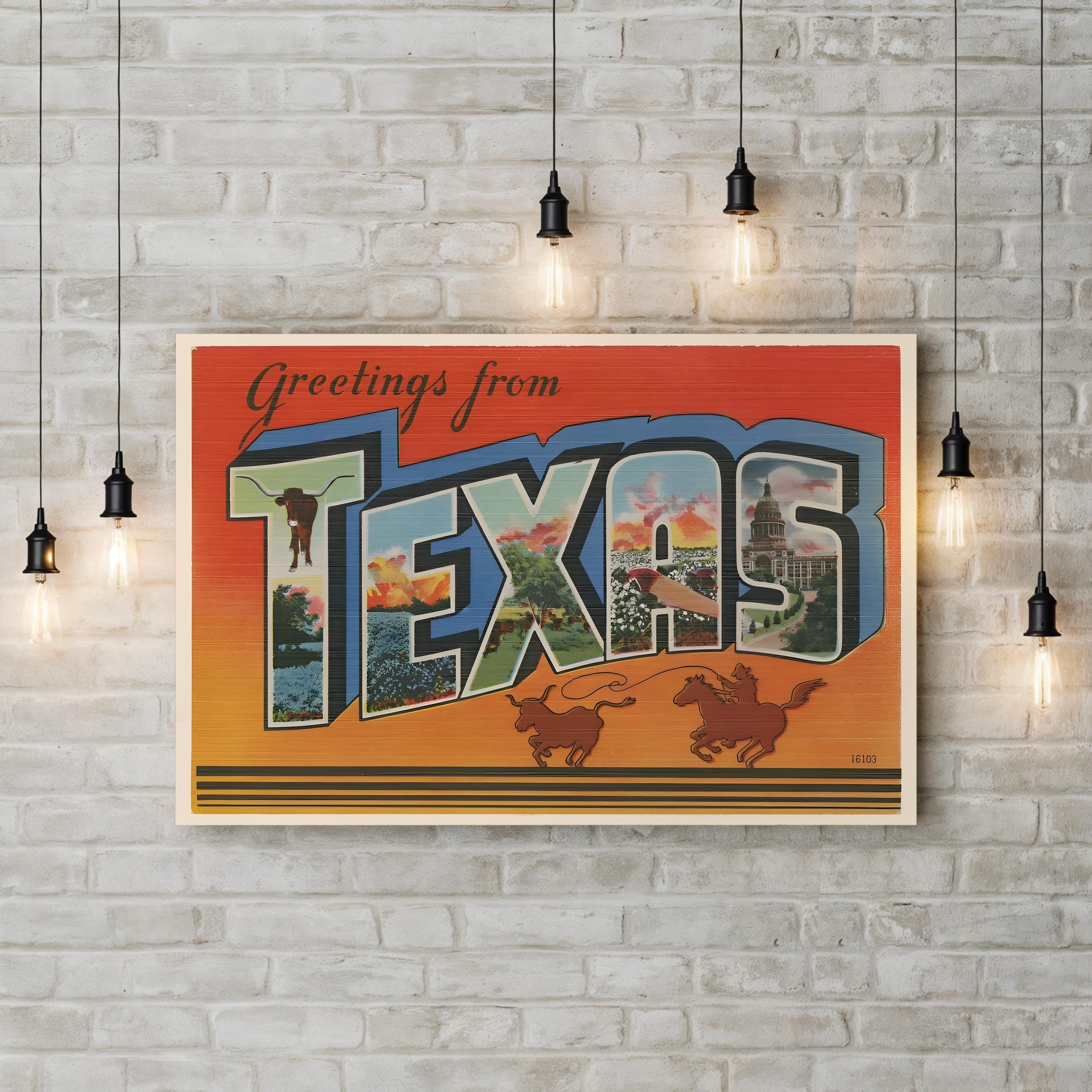 Vintage Texas Travel Poster – Period Illustration Wall Art | Western Cowboy Canvas Print