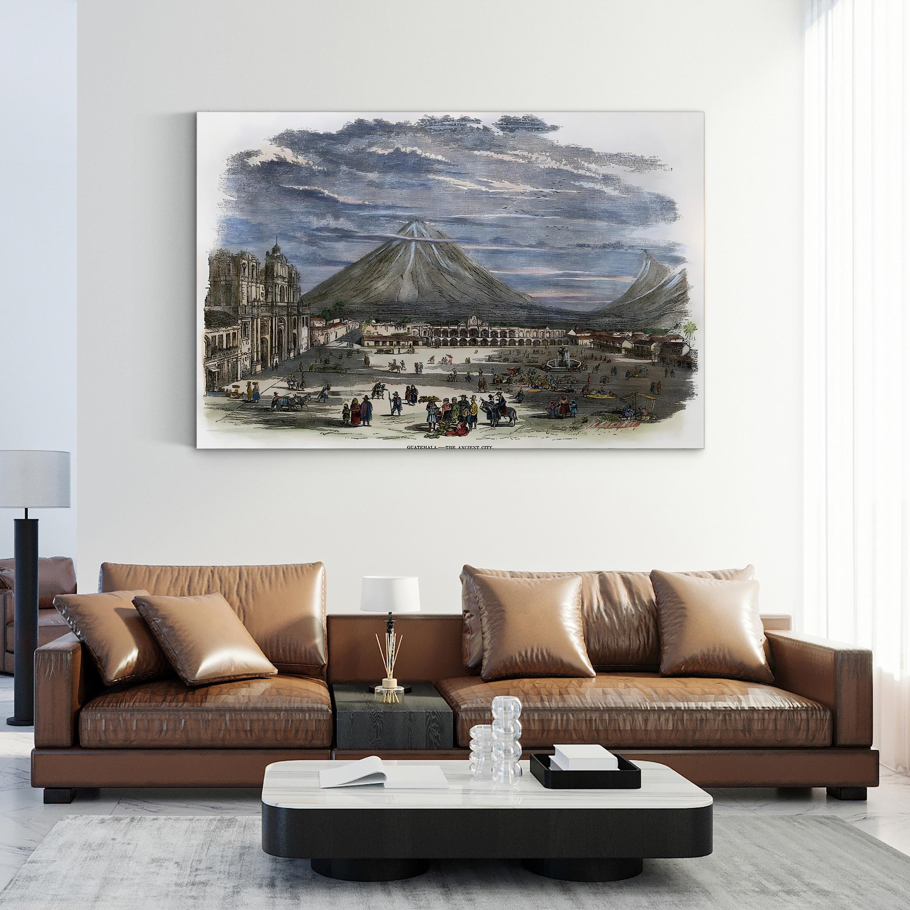 Guatemala City, 1856 – Period Illustration Wall Art | Volcano Lithograph Canvas Print