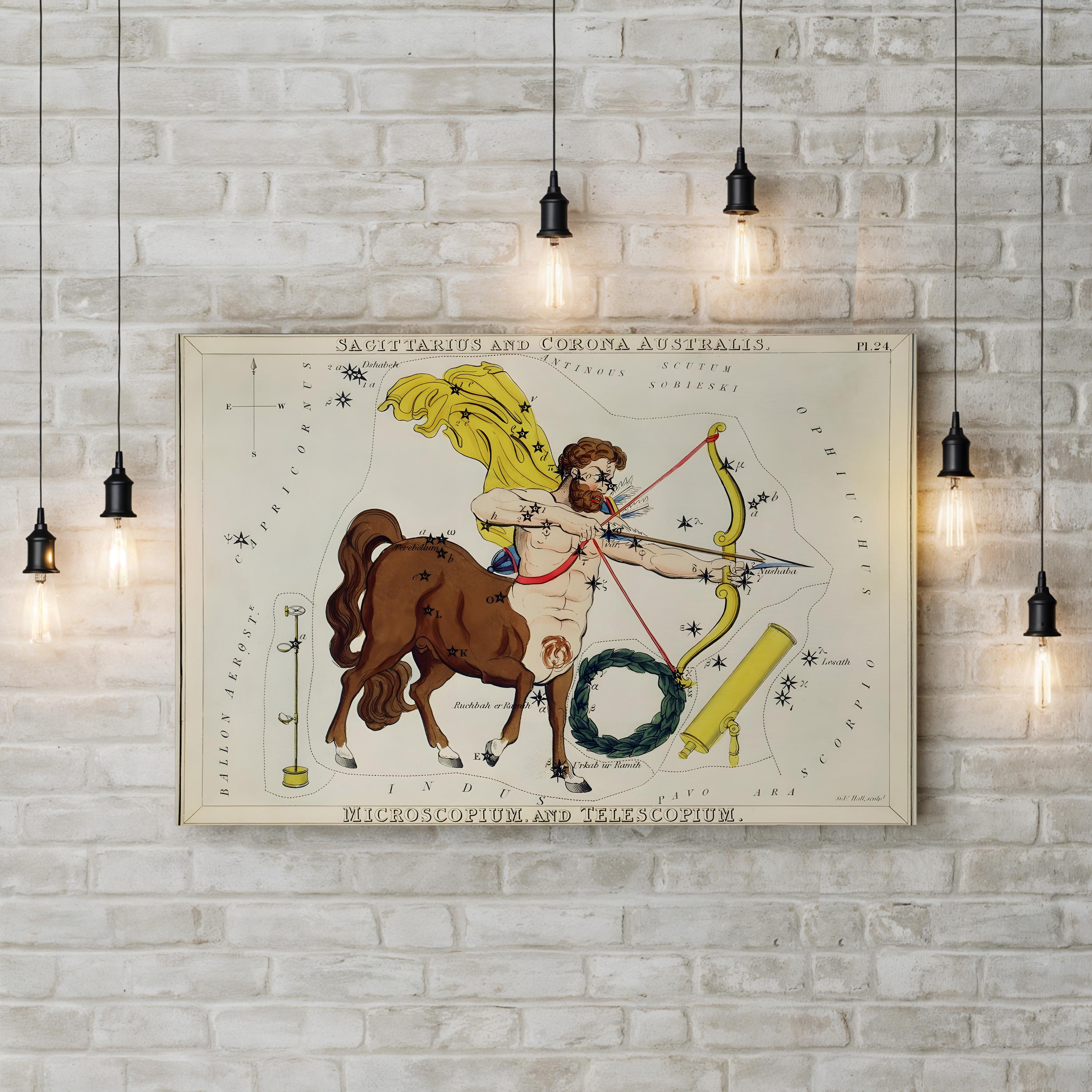 Vintage Sagittarius and Corona Australis celestial map canvas art, antique star chart print