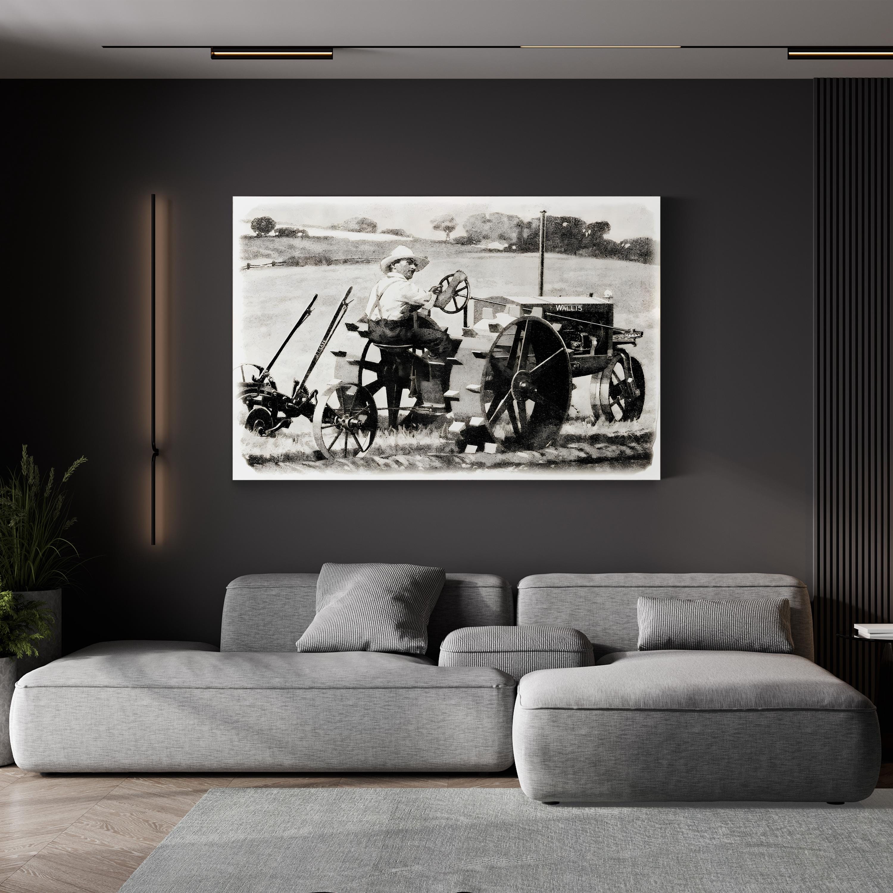 Farmer on a Wallis Tractor canvas print in gallery wrap canvas, displayed in a living room