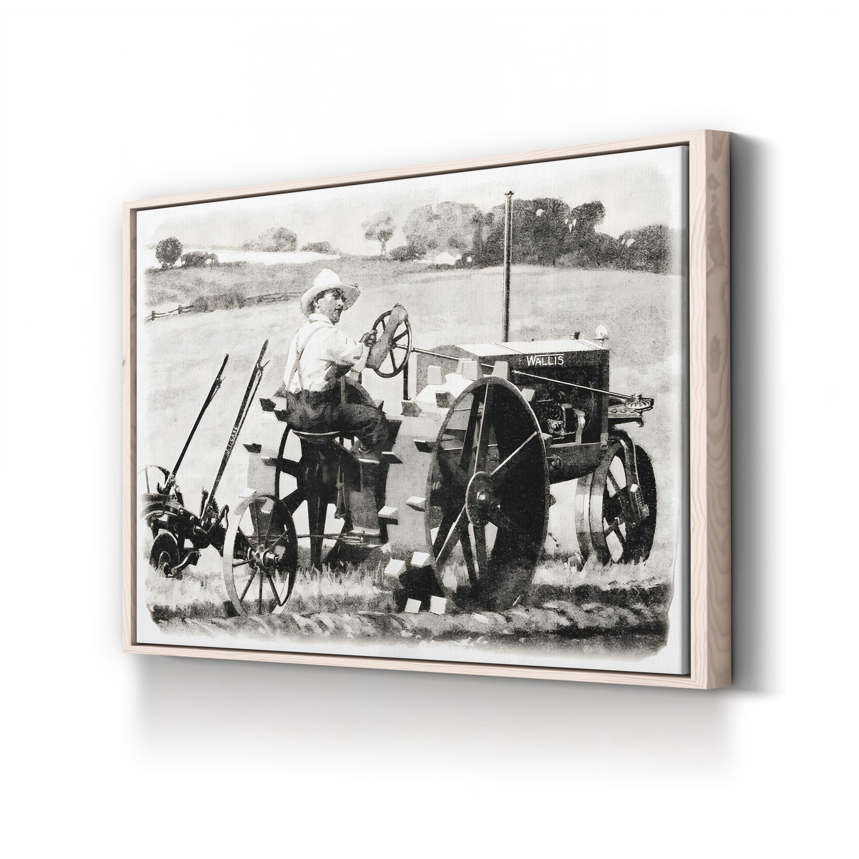 Farmer on a Wallis Tractor canvas print in natural frame