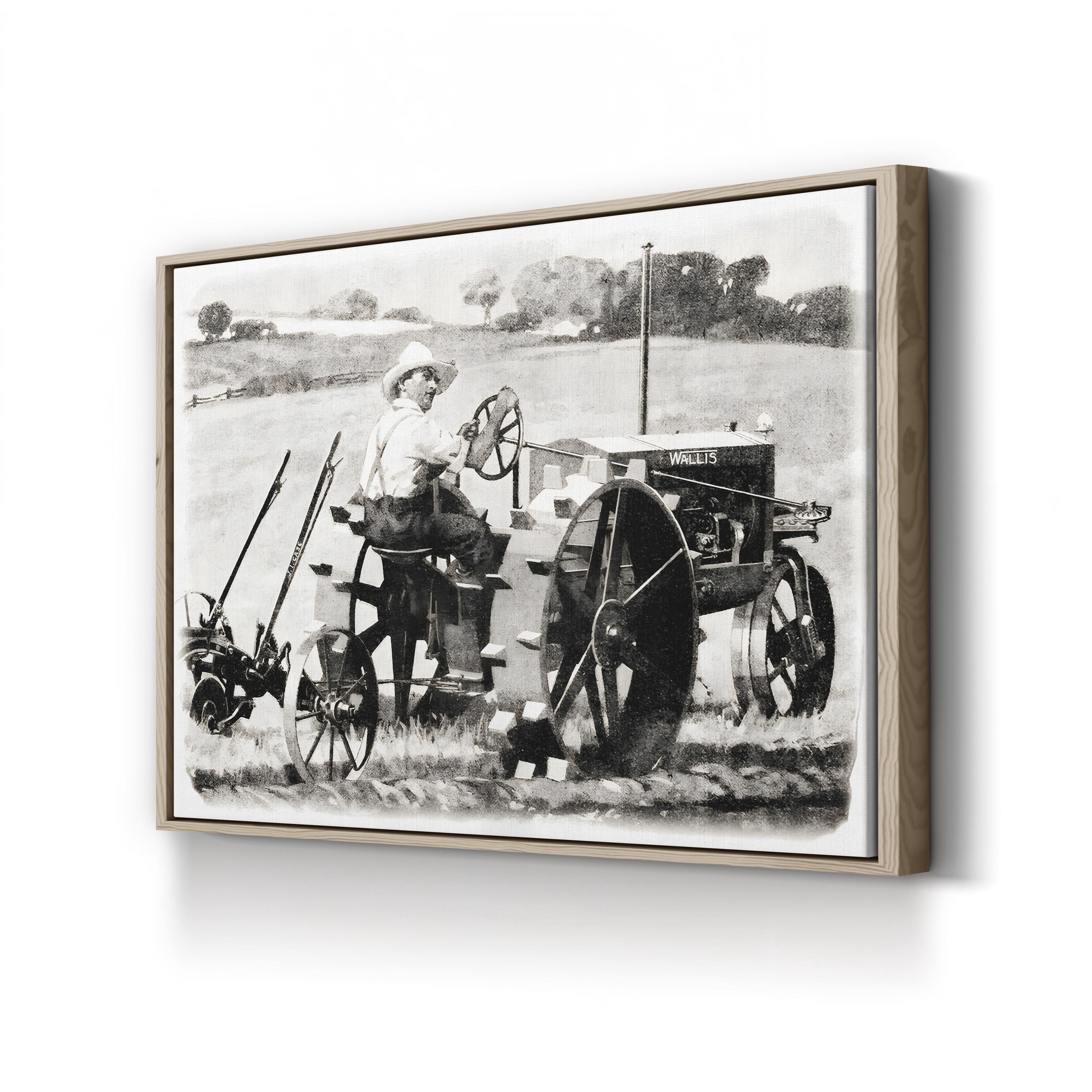 Farmer on a Wallis Tractor canvas print in oak frame
