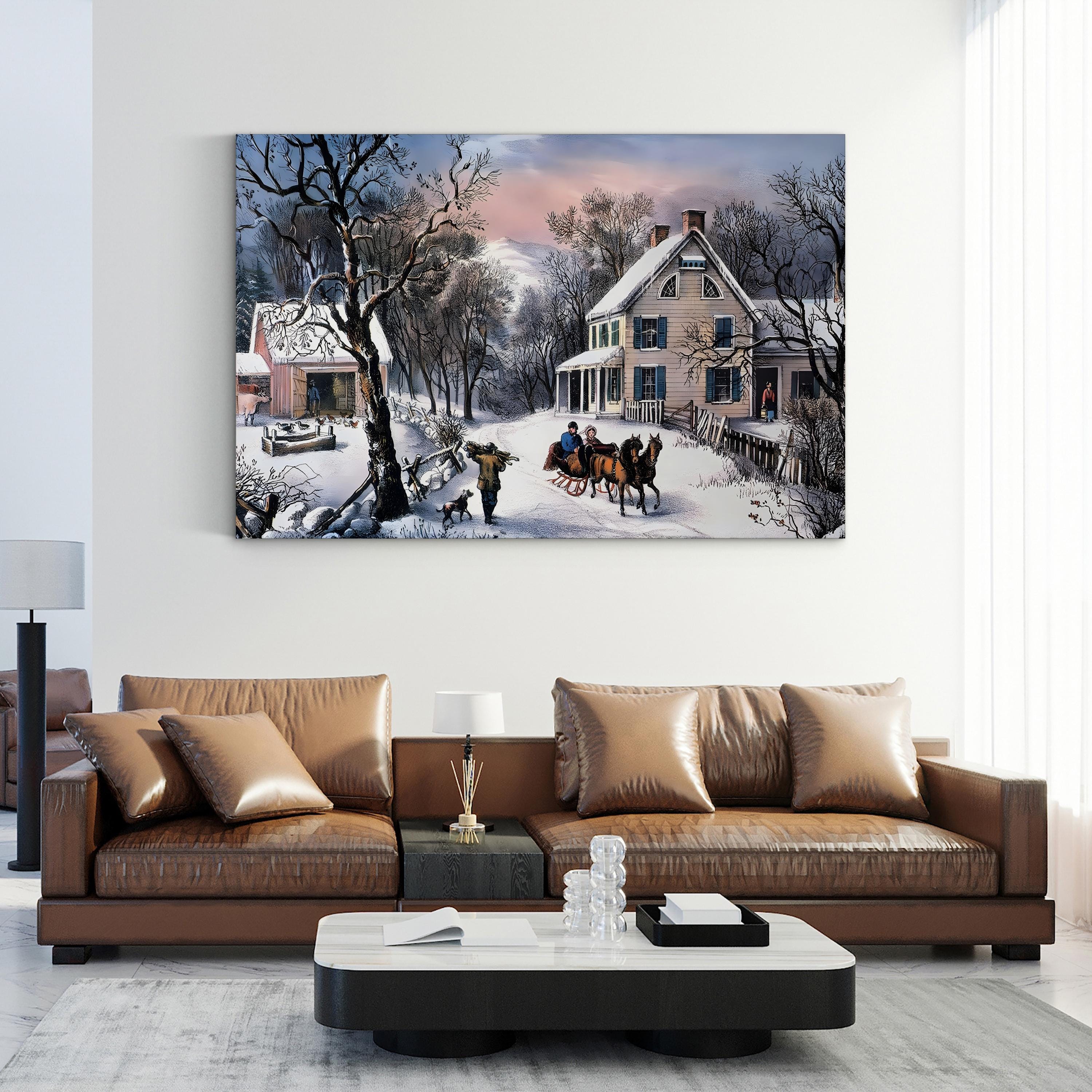 Homestead Winter, 1868 – Currier & Ives Wall Art | Snowy Farmhouse Canvas Print