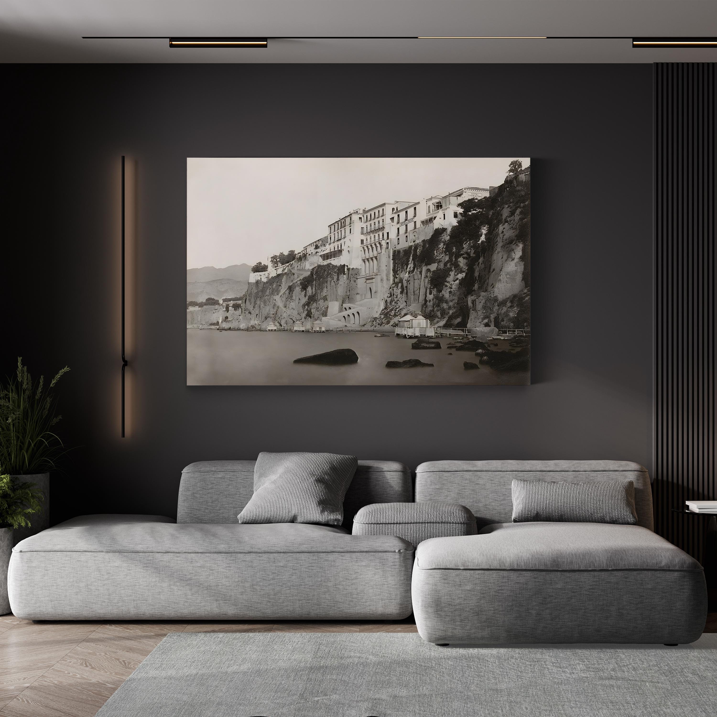 Sorrento Italy Coast Photography Canvas Print: Hotel Tramontano, Vintage Black & White Landscape