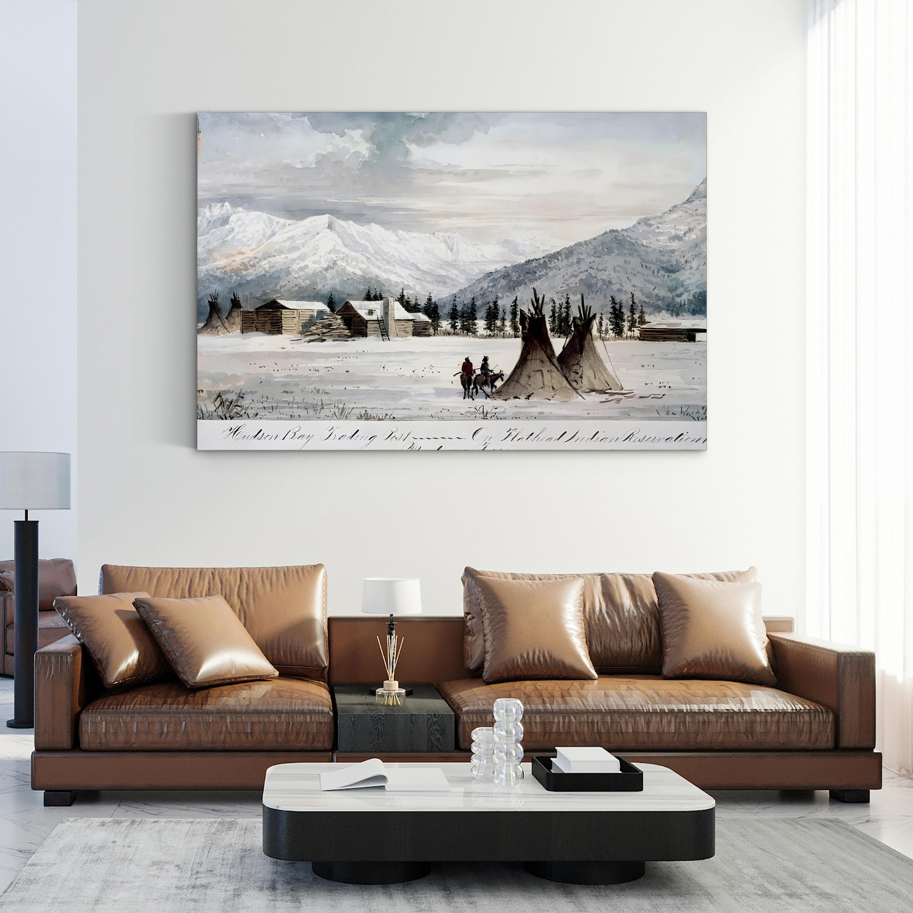 Hudson Bay Trading Post, Montana Territory 1860s – Period Illustration Wall Art | Vintage Western Canvas Print
