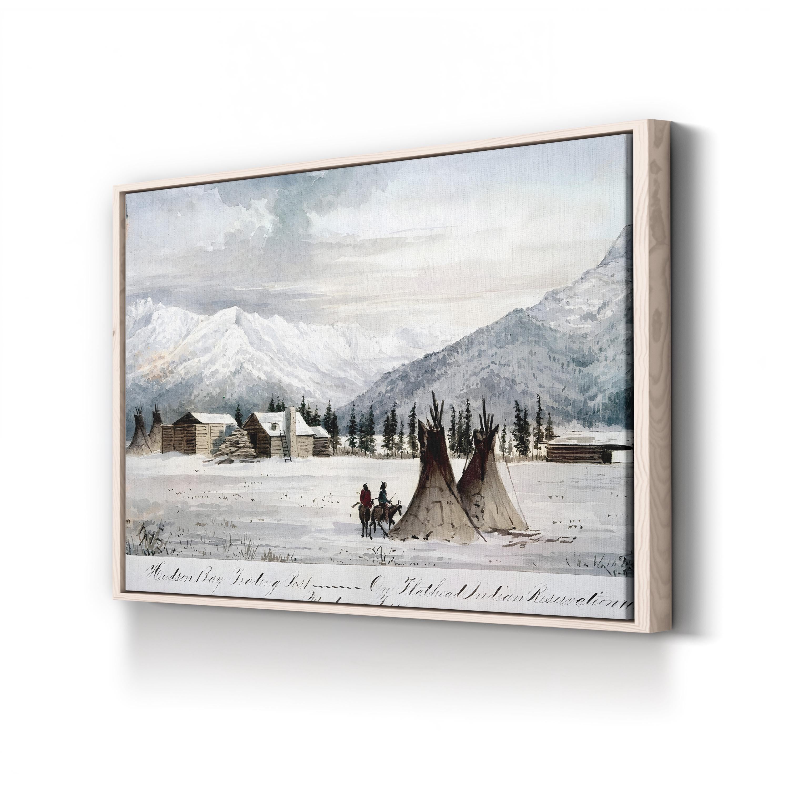 Hudson Bay Trading Post, Montana Territory 1860s – Period Illustration Wall Art | Vintage Western Canvas Print
