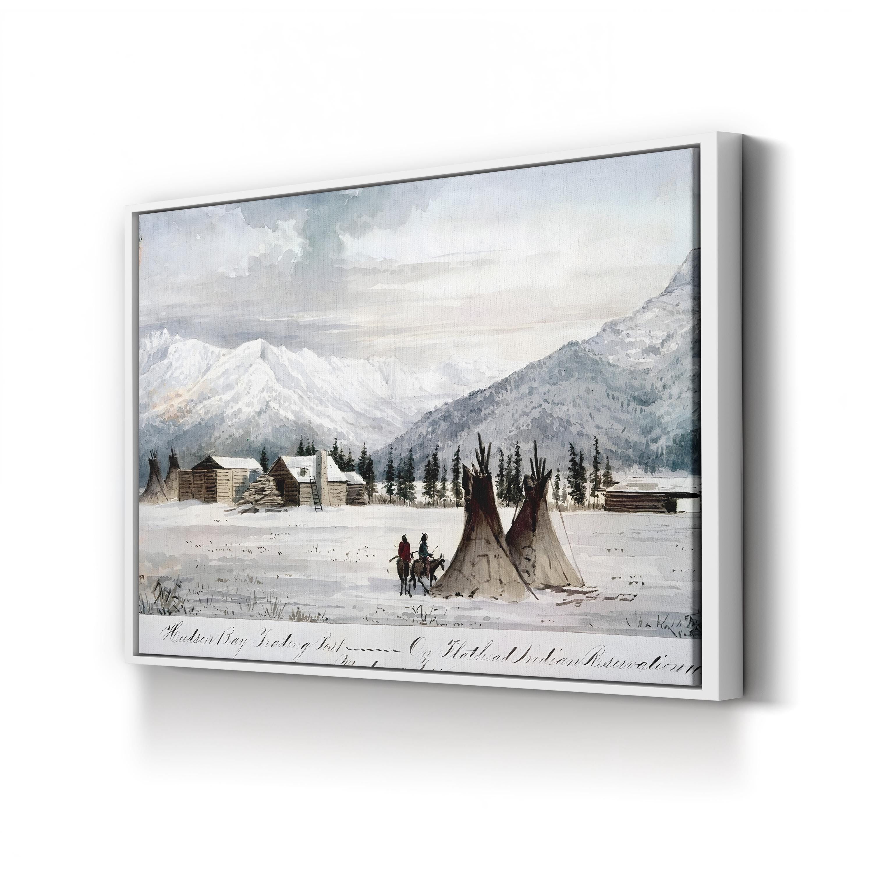 Hudson Bay Trading Post, Montana Territory 1860s – Period Illustration Wall Art | Vintage Western Canvas Print