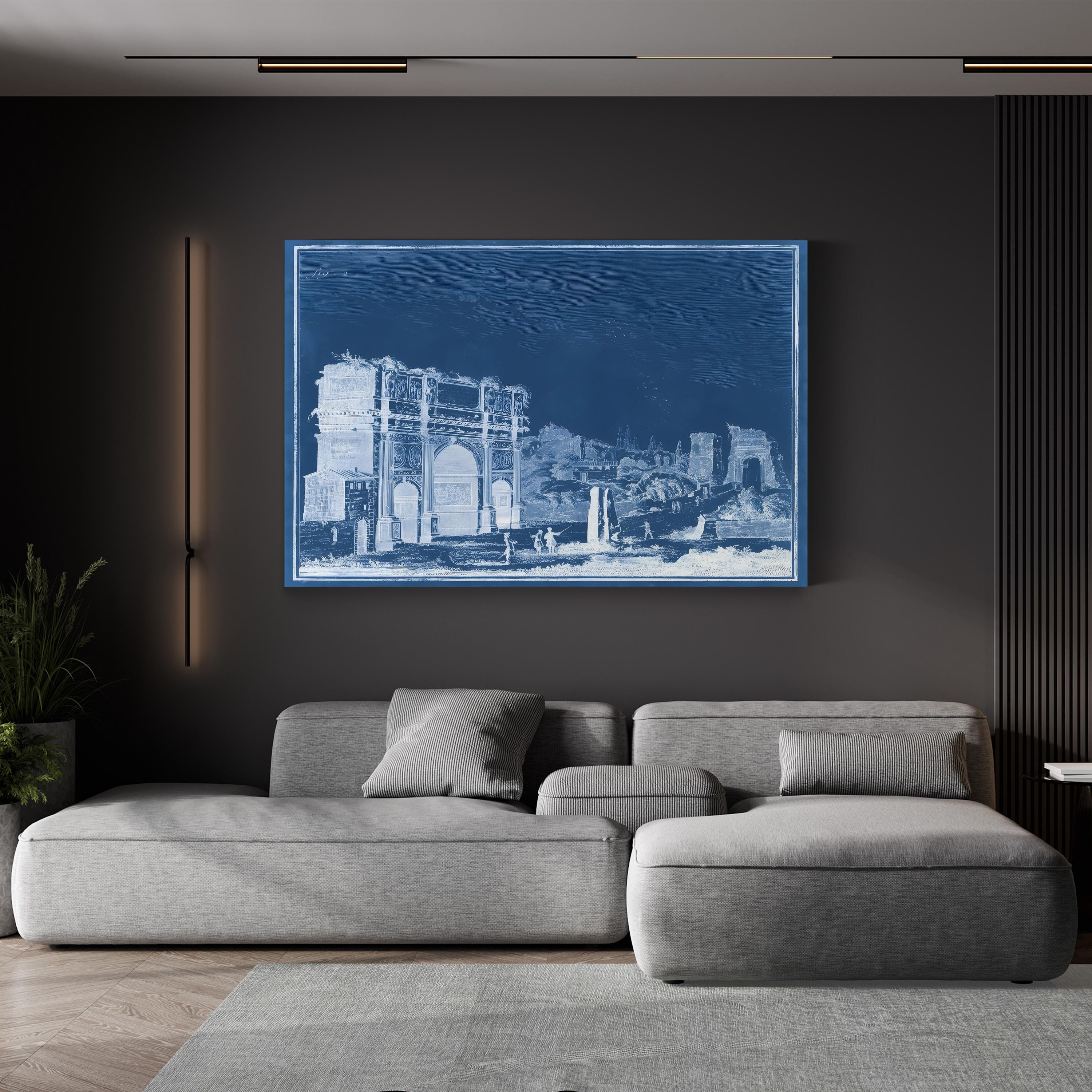 Indigo Antiquities II Architectural Blueprint – Period Illustration Wall Art | Vintage Canvas Print