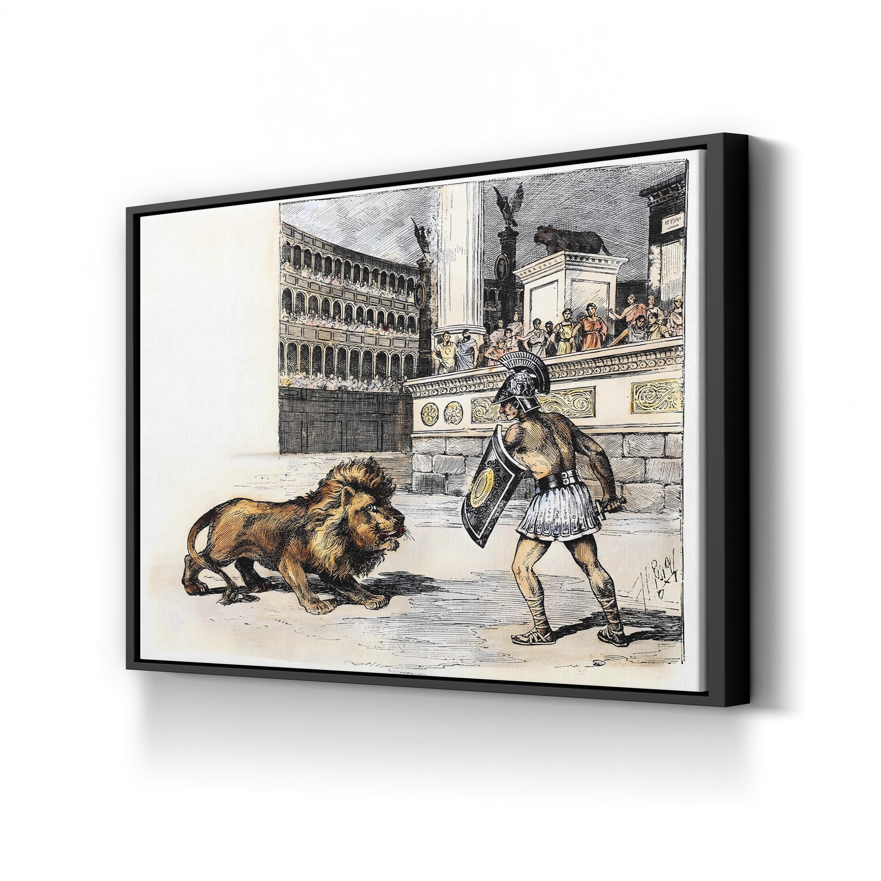 Lion and Gladiator, c. 1892 canvas print in Black frame