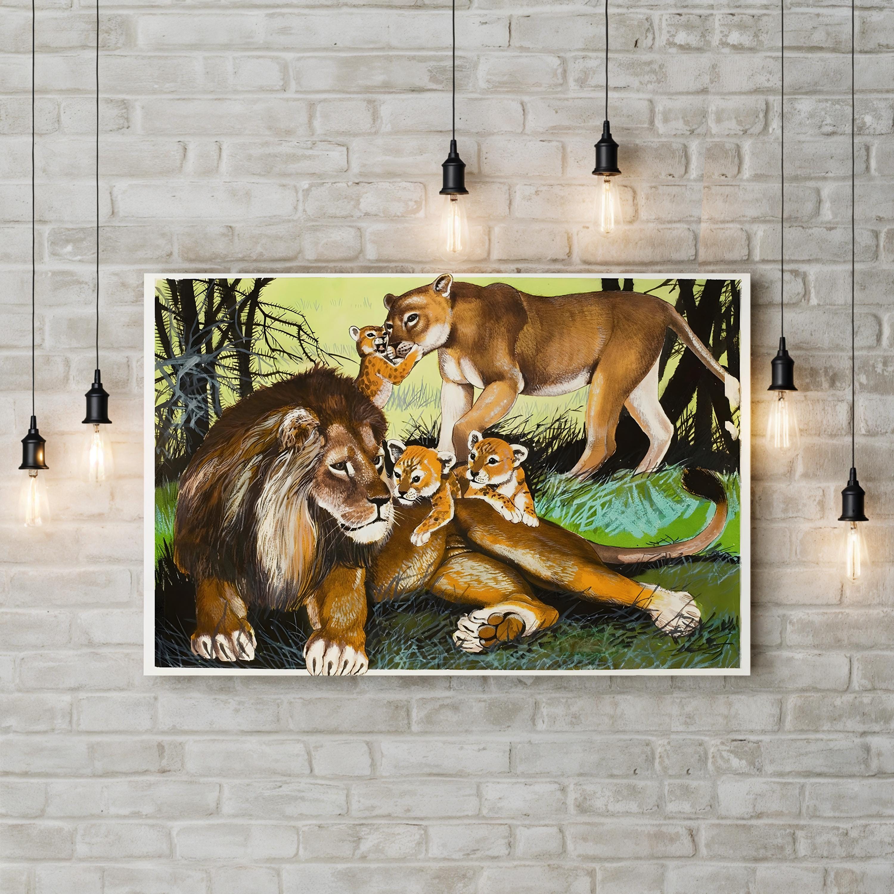 Lion, Lioness and Cubs Wall Art | English School Black & White Wildlife Canvas